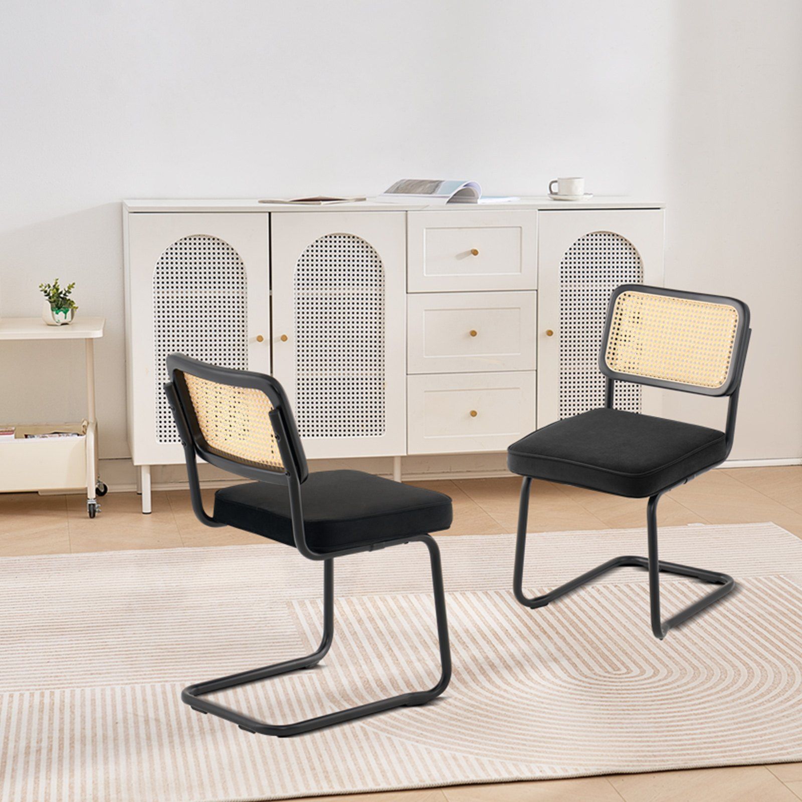 Rattan Chairs, Set of 2, Mid Century Modern Dining Chair, Upholstered Velvet Accent Chair with Rattan Back, Retro Dining Room Kitchen Chair for Living Room, Bedroom, Reading Room, Office, Black - Image 8