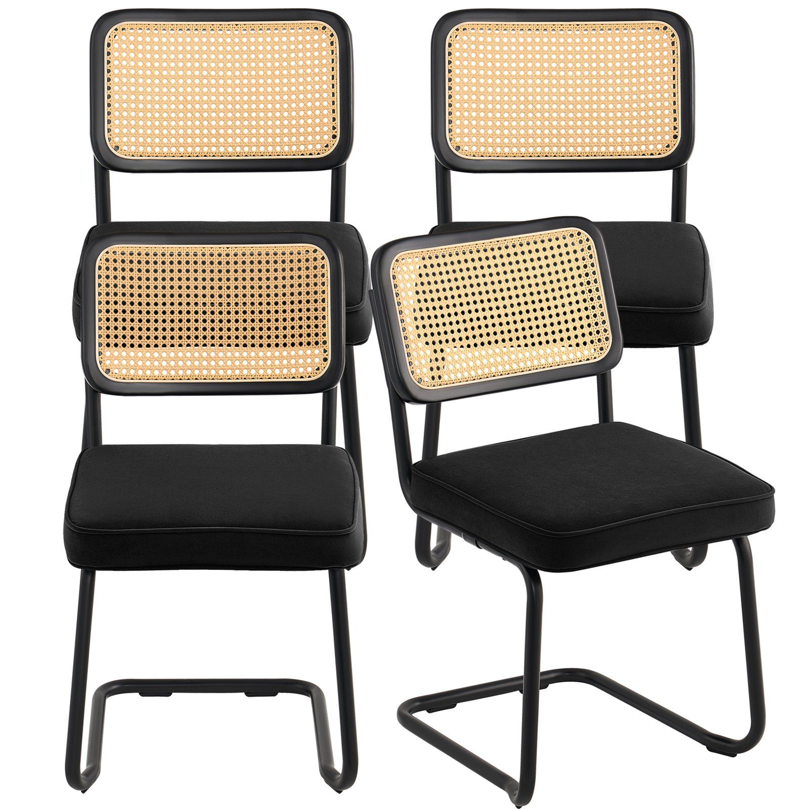 Rattan Chairs, Set of 4, Mid Century Modern Dining Chair, Upholstered Velvet Accent Chair with Rattan Back, Retro Dining Room Kitchen Chair for Living Room, Bedroom, Reading Room, Office, Black - Image 1