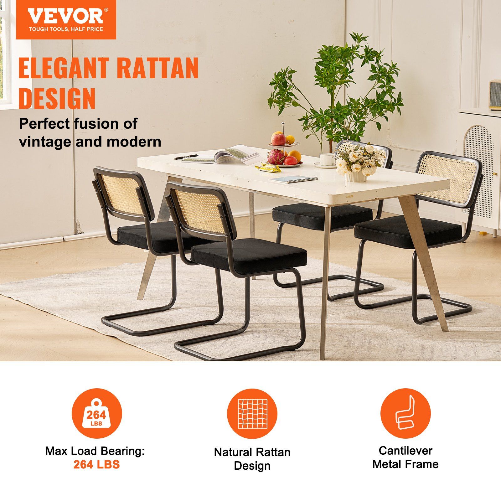 Rattan Chairs, Set of 4, Mid Century Modern Dining Chair, Upholstered Velvet Accent Chair with Rattan Back, Retro Dining Room Kitchen Chair for Living Room, Bedroom, Reading Room, Office, Black - Image 2