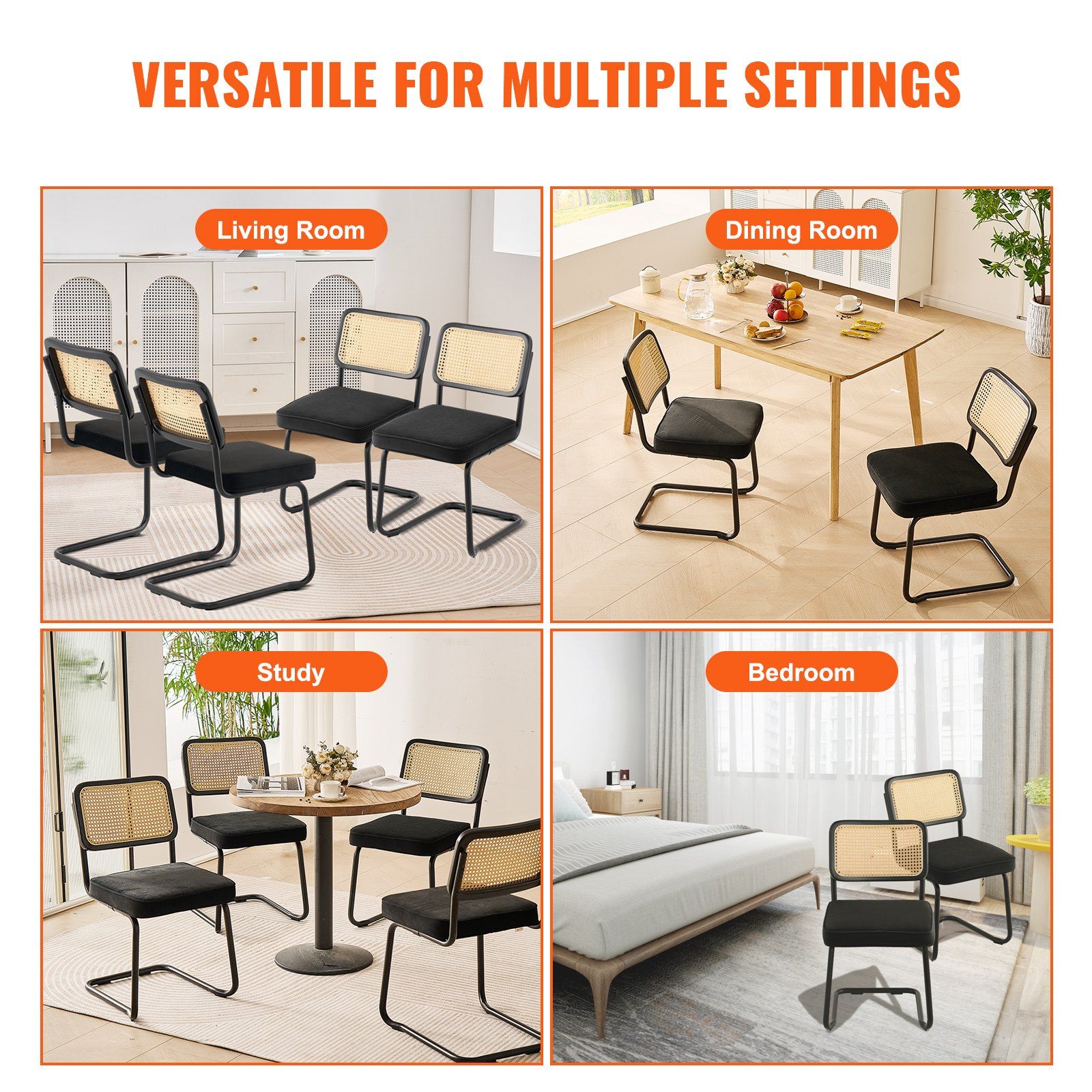 Rattan Chairs, Set of 4, Mid Century Modern Dining Chair, Upholstered Velvet Accent Chair with Rattan Back, Retro Dining Room Kitchen Chair for Living Room, Bedroom, Reading Room, Office, Black - Image 5