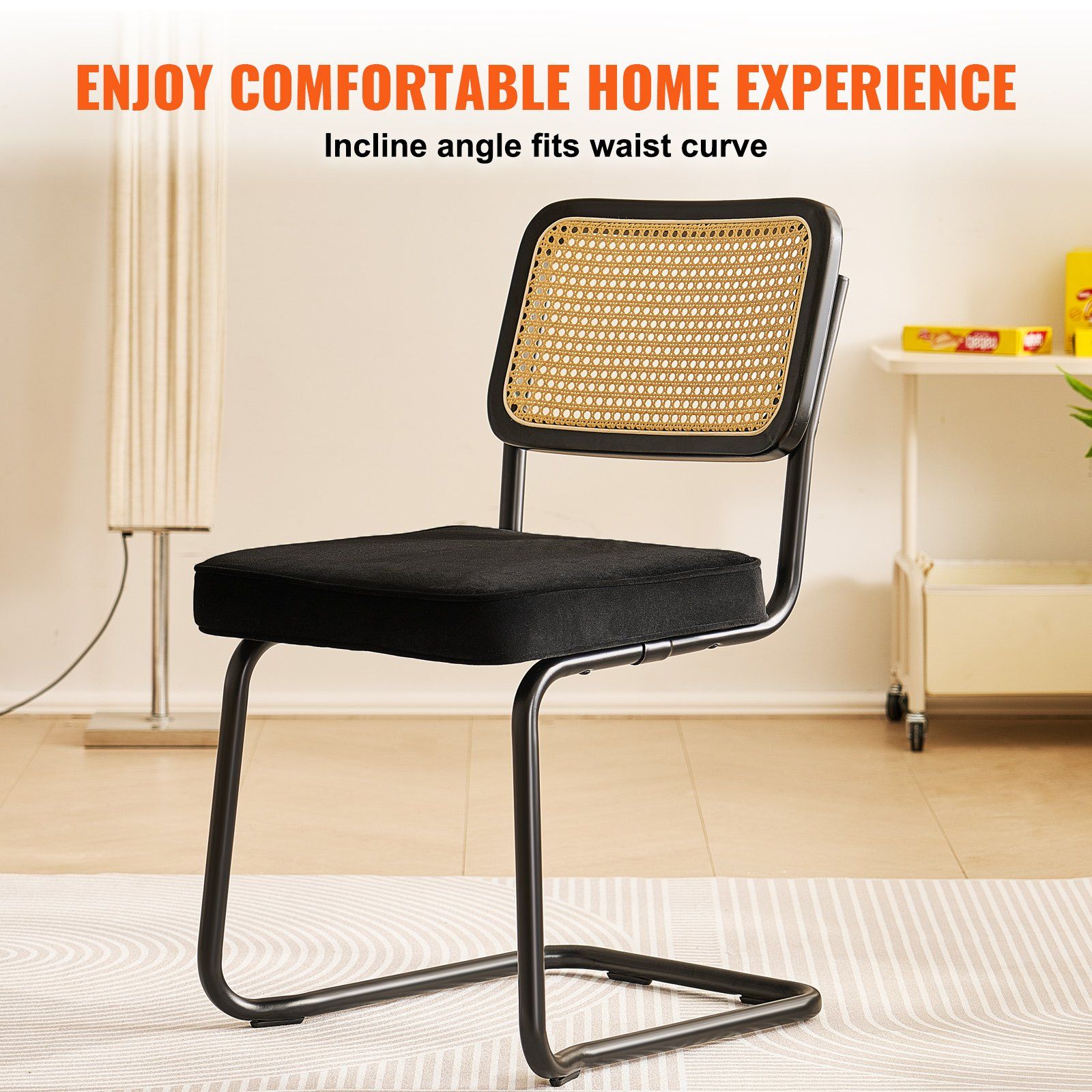 Rattan Chairs, Set of 4, Mid Century Modern Dining Chair, Upholstered Velvet Accent Chair with Rattan Back, Retro Dining Room Kitchen Chair for Living Room, Bedroom, Reading Room, Office, Black - Image 6