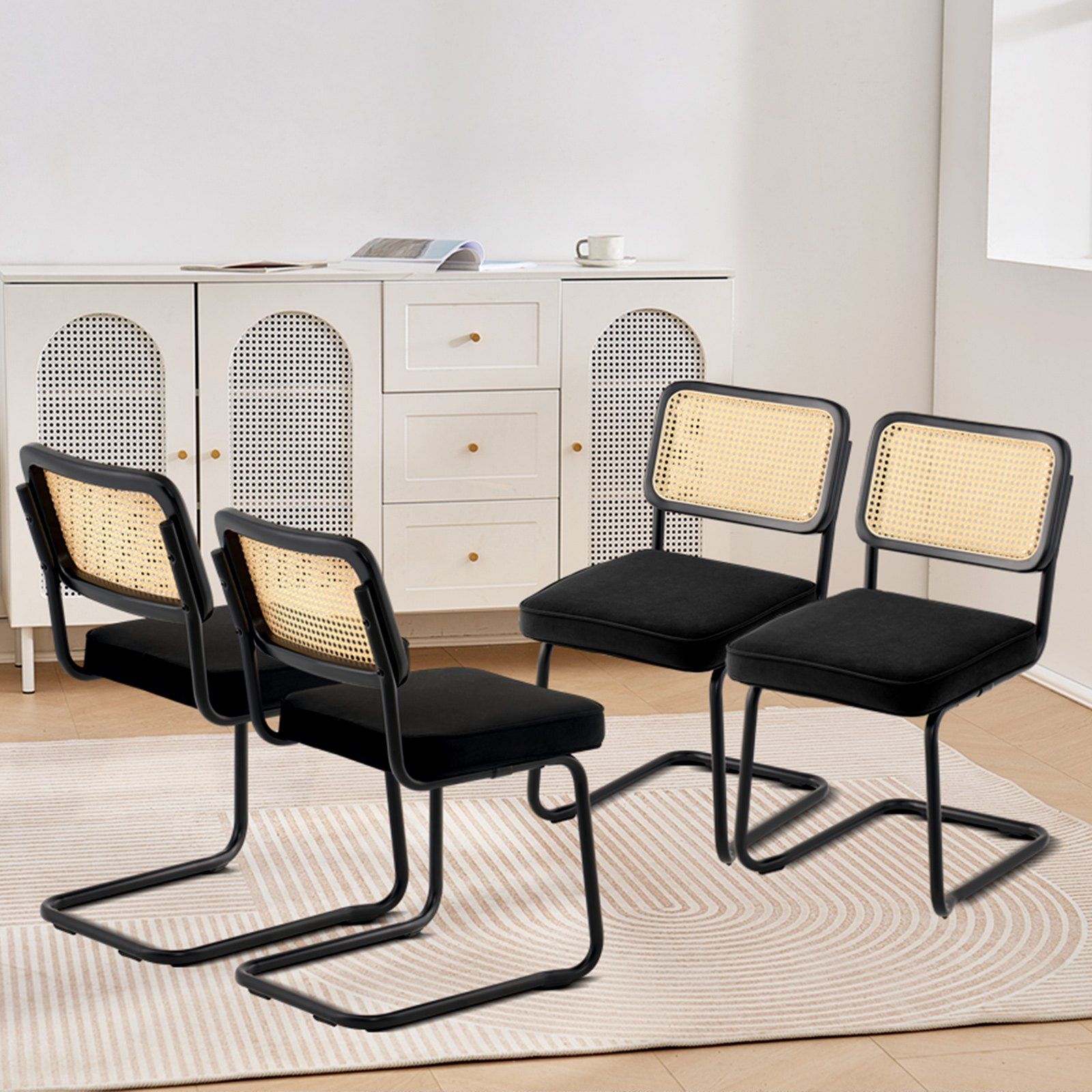 Rattan Chairs, Set of 4, Mid Century Modern Dining Chair, Upholstered Velvet Accent Chair with Rattan Back, Retro Dining Room Kitchen Chair for Living Room, Bedroom, Reading Room, Office, Black - Image 8