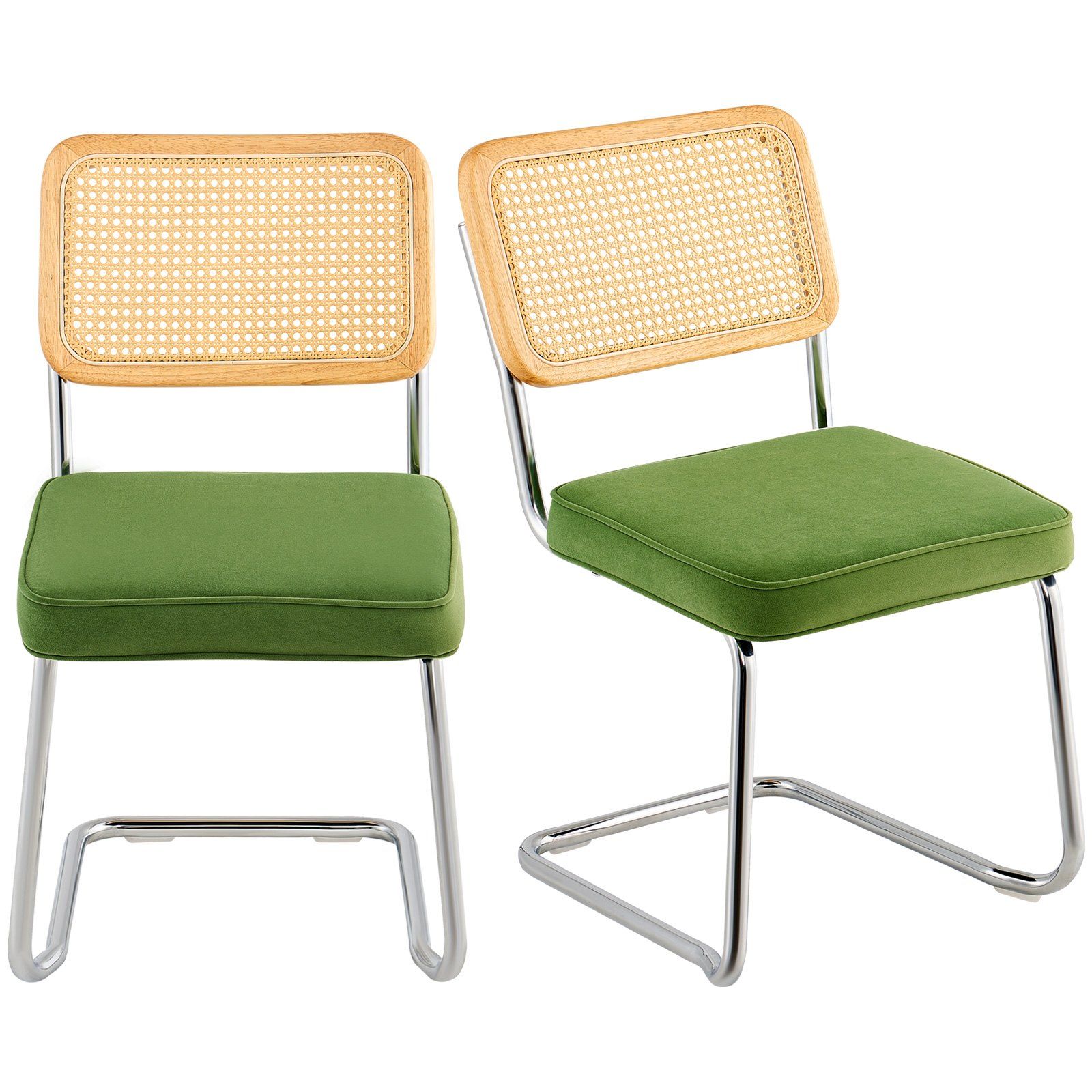 Rattan Chairs, Set of 2, Mid Century Modern Dining Chair, Upholstered Velvet Accent Chair with Rattan Back, Retro Dining Room Kitchen Chair for Living Room, Bedroom, Reading Room, Office, Green - Image 1