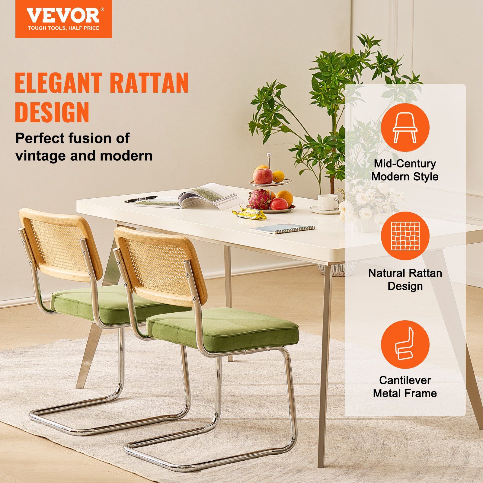 Rattan Chairs, Set of 2, Mid Century Modern Dining Chair, Upholstered Velvet Accent Chair with Rattan Back, Retro Dining Room Kitchen Chair for Living Room, Bedroom, Reading Room, Office, Green - Image 2
