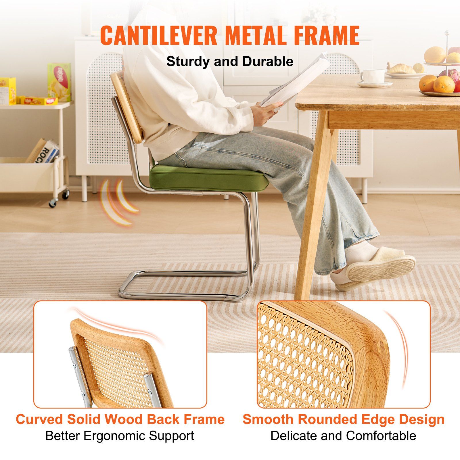 Rattan Chairs, Set of 2, Mid Century Modern Dining Chair, Upholstered Velvet Accent Chair with Rattan Back, Retro Dining Room Kitchen Chair for Living Room, Bedroom, Reading Room, Office, Green - Image 4