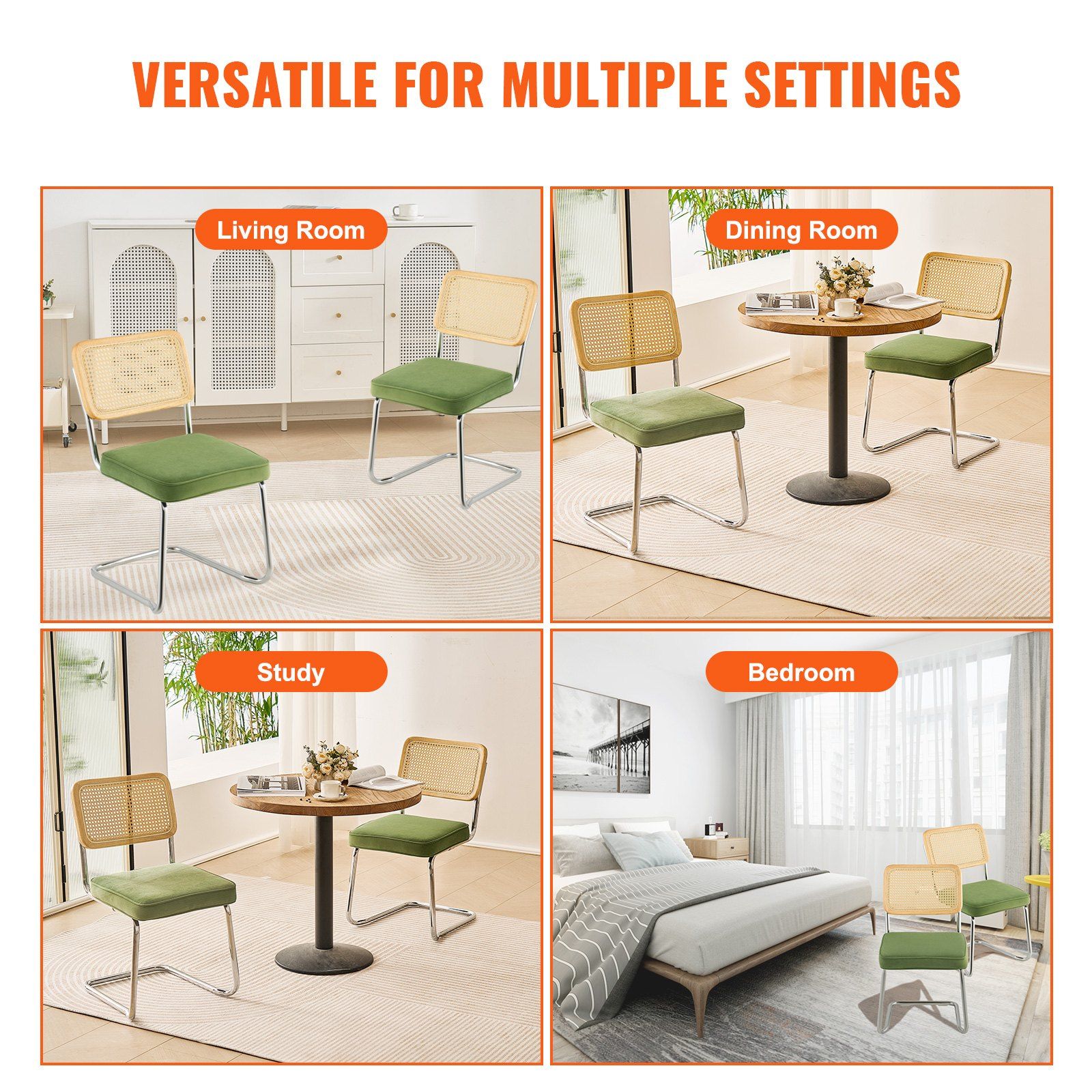 Rattan Chairs, Set of 2, Mid Century Modern Dining Chair, Upholstered Velvet Accent Chair with Rattan Back, Retro Dining Room Kitchen Chair for Living Room, Bedroom, Reading Room, Office, Green - Image 5