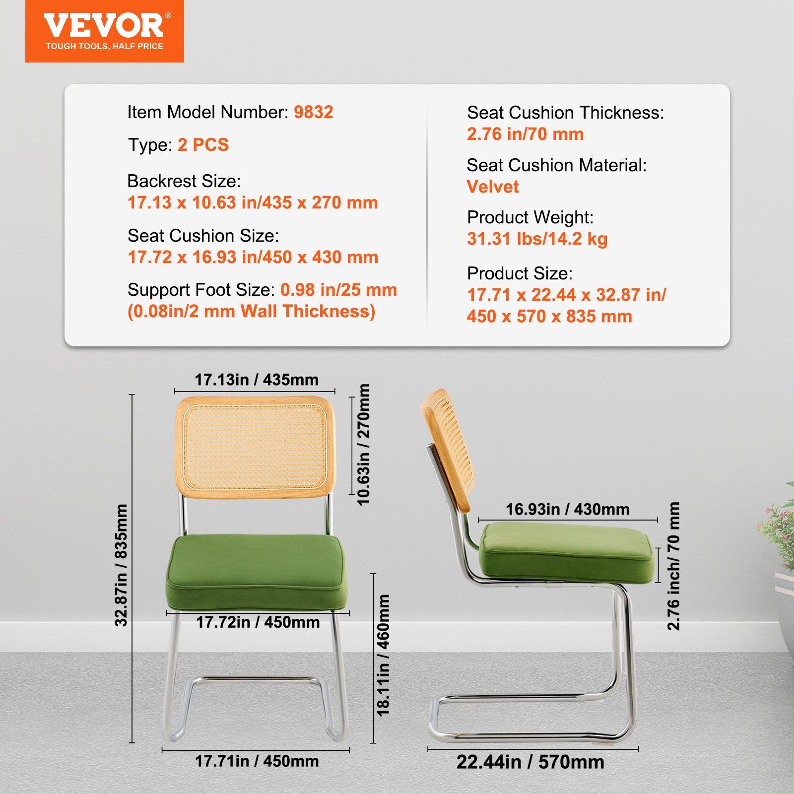 Rattan Chairs, Set of 2, Mid Century Modern Dining Chair, Upholstered Velvet Accent Chair with Rattan Back, Retro Dining Room Kitchen Chair for Living Room, Bedroom, Reading Room, Office, Green - Image 7