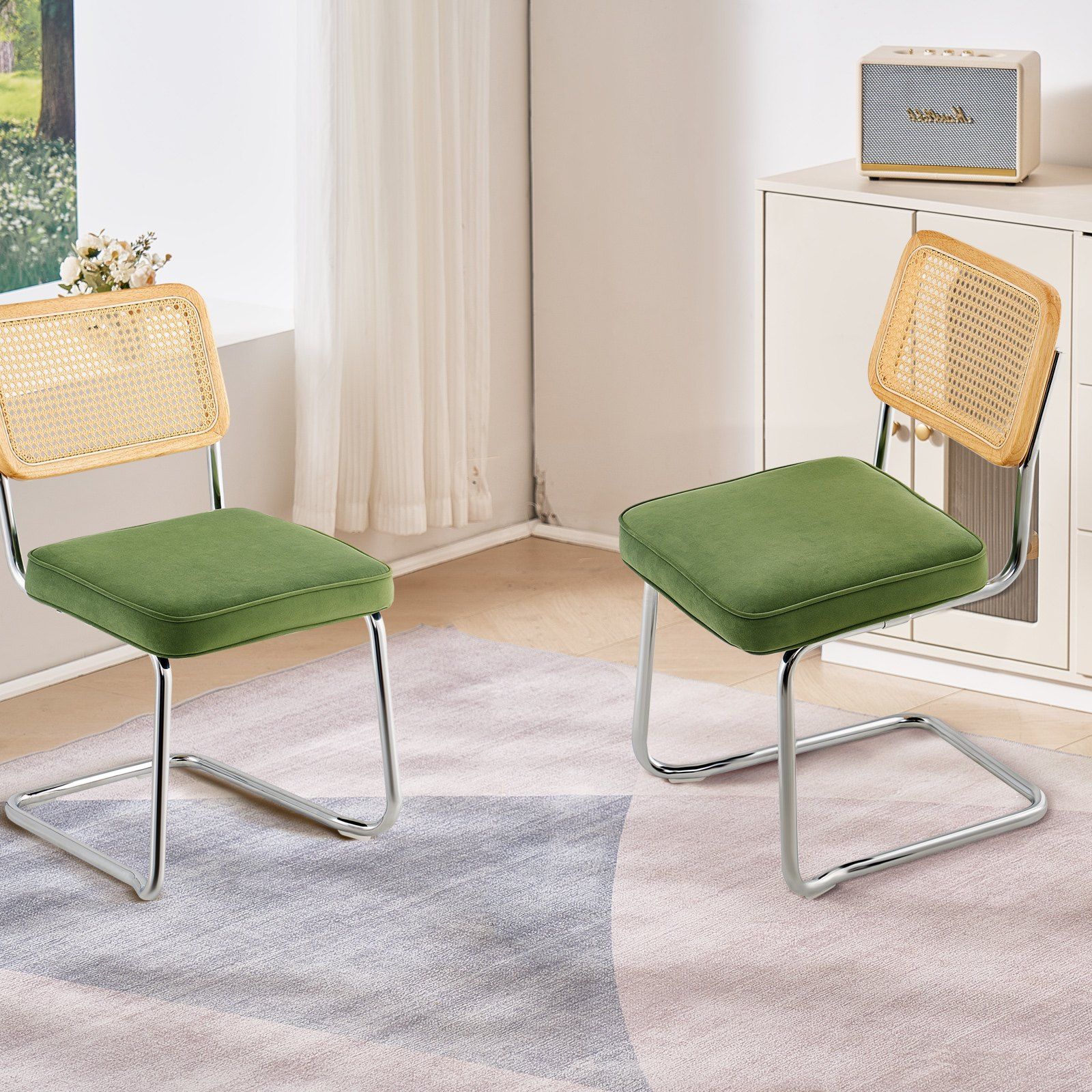 Rattan Chairs, Set of 2, Mid Century Modern Dining Chair, Upholstered Velvet Accent Chair with Rattan Back, Retro Dining Room Kitchen Chair for Living Room, Bedroom, Reading Room, Office, Green - Image 8