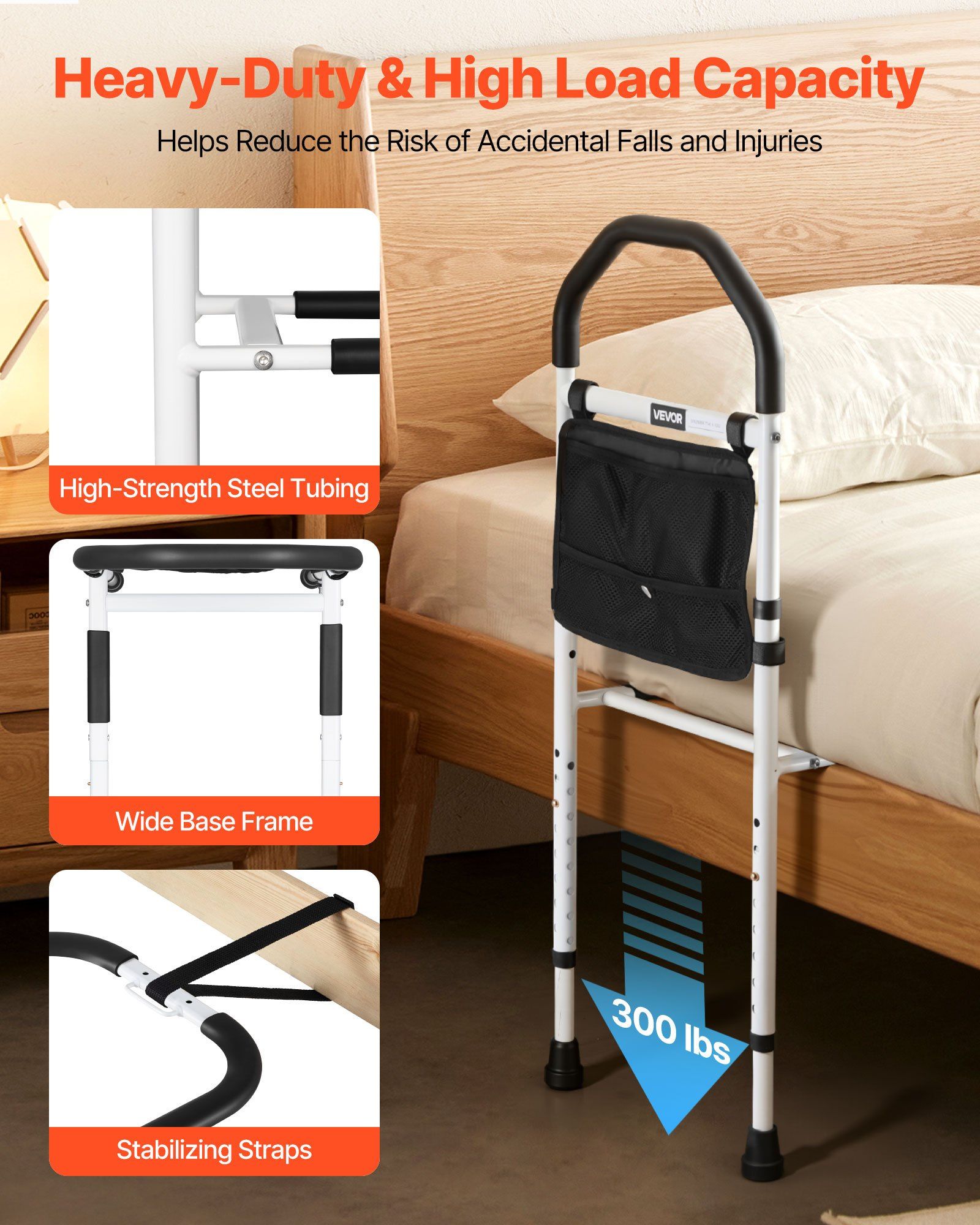 Bed Rail for Elderly, Bedside Assist Rails with Supporting Leg and PU Handrail, Adjustable Height Carbon Steel Pipe Bedside Cane, Bed Bars for Seniors & Patients, Fits King, Queen, Full, Twin - Image 3