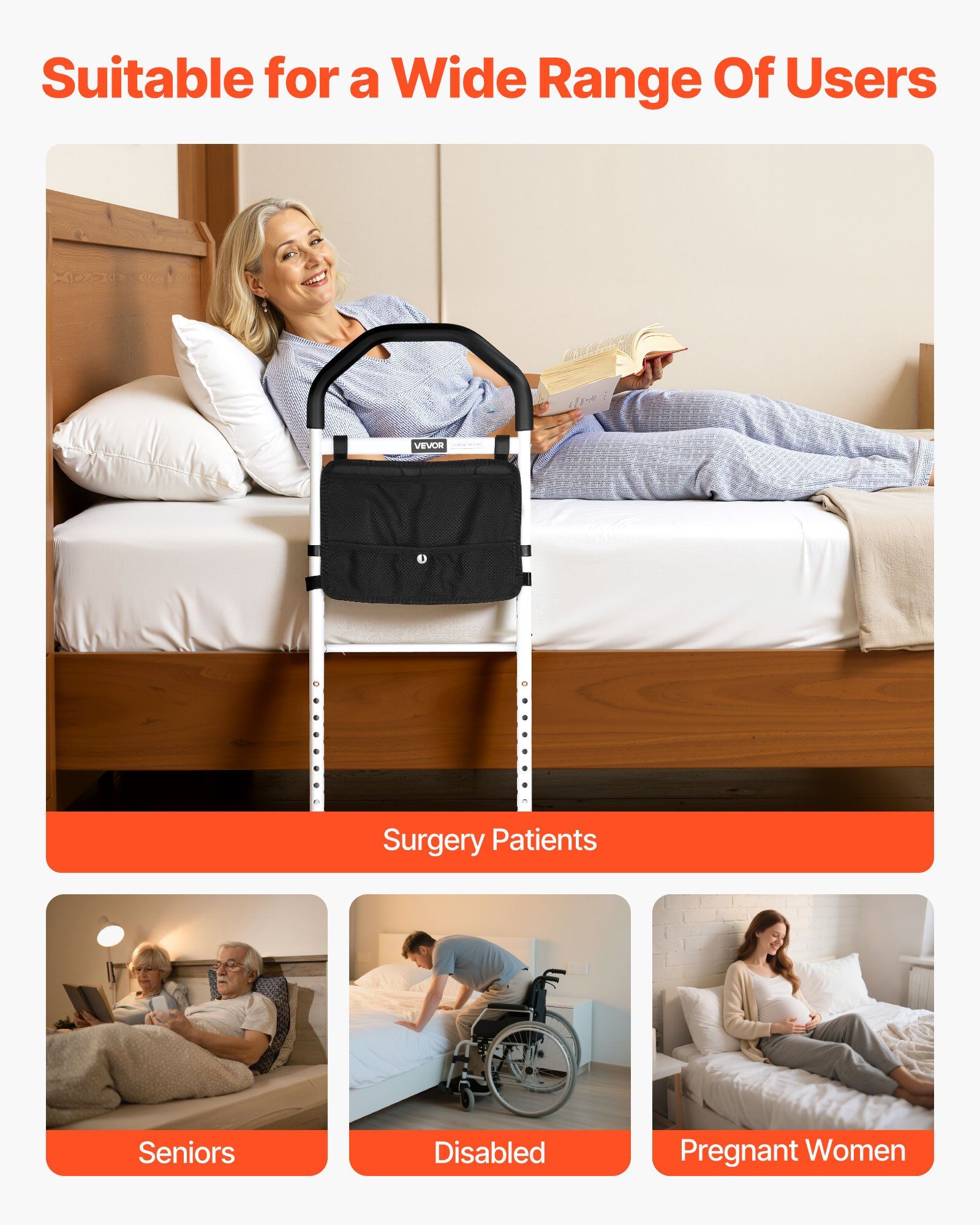 Bed Rail for Elderly, Bedside Assist Rails with Supporting Leg and PU Handrail, Adjustable Height Carbon Steel Pipe Bedside Cane, Bed Bars for Seniors & Patients, Fits King, Queen, Full, Twin - Image 6