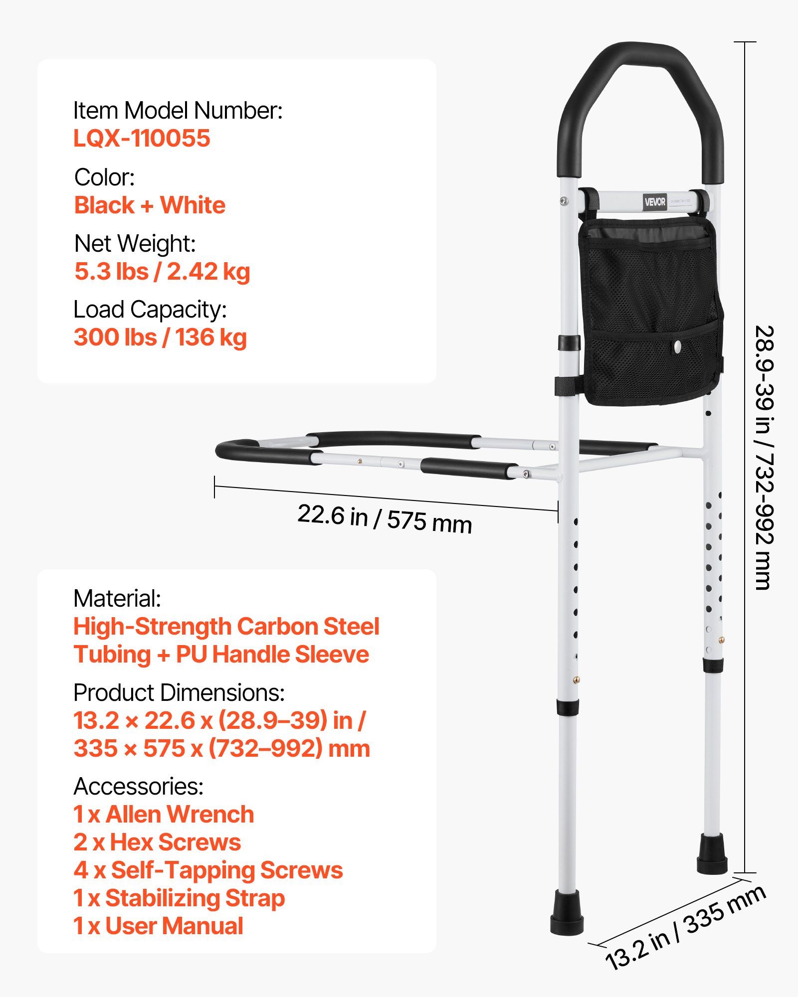 Bed Rail for Elderly, Bedside Assist Rails with Supporting Leg and PU Handrail, Adjustable Height Carbon Steel Pipe Bedside Cane, Bed Bars for Seniors & Patients, Fits King, Queen, Full, Twin - Image 7