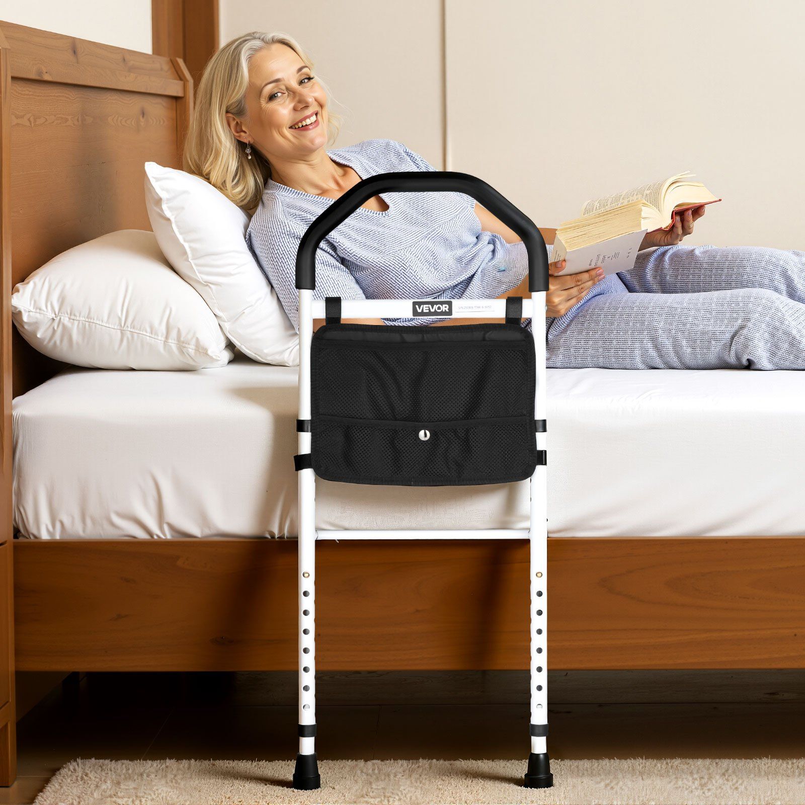 Bed Rail for Elderly, Bedside Assist Rails with Supporting Leg and PU Handrail, Adjustable Height Carbon Steel Pipe Bedside Cane, Bed Bars for Seniors & Patients, Fits King, Queen, Full, Twin - Image 8
