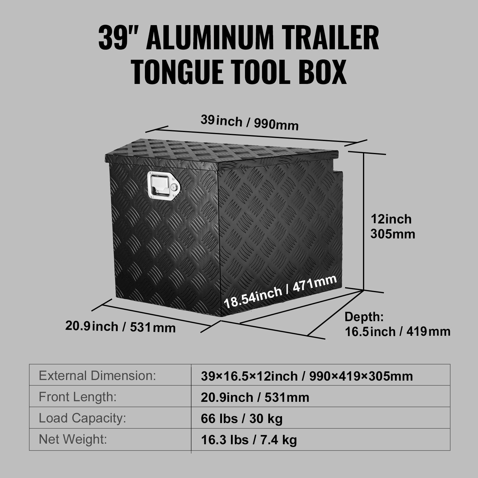 Trailer Tongue Box, Aluminum Alloy Diamond Plate Tongue Box Tool Chest, Heavy Duty Trailer Box Storage with Lock and Keys, Utility Trailer Tongue Box for Pickup Truck, RV, 99.06cmx41.91 cmx30.48 - Image 7