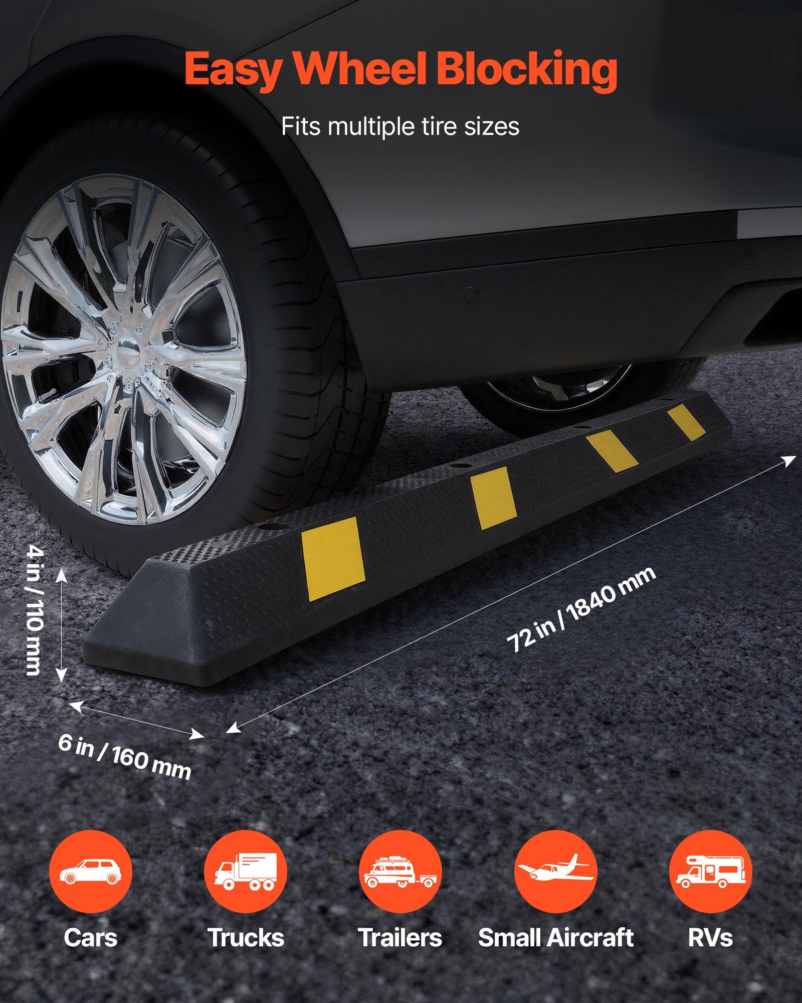 Parking Stopper, 1840 mm Heavy Duty Parking Aid for Garage, Rubber Curb Garage Floor Stopper with Reflective Strips, Vehicles Gadgets for Cars Vans Trucks Tire Wheel Guide Block Stops Bumpers - Image 2
