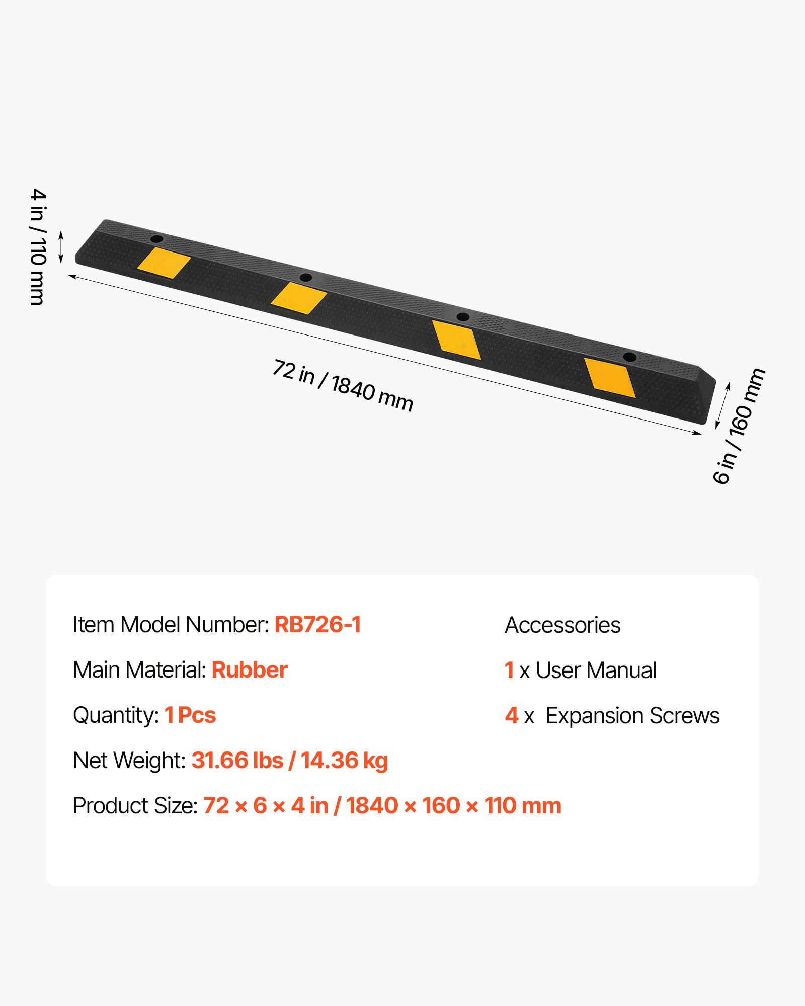 Parking Stopper, 1840 mm Heavy Duty Parking Aid for Garage, Rubber Curb Garage Floor Stopper with Reflective Strips, Vehicles Gadgets for Cars Vans Trucks Tire Wheel Guide Block Stops Bumpers - Image 7