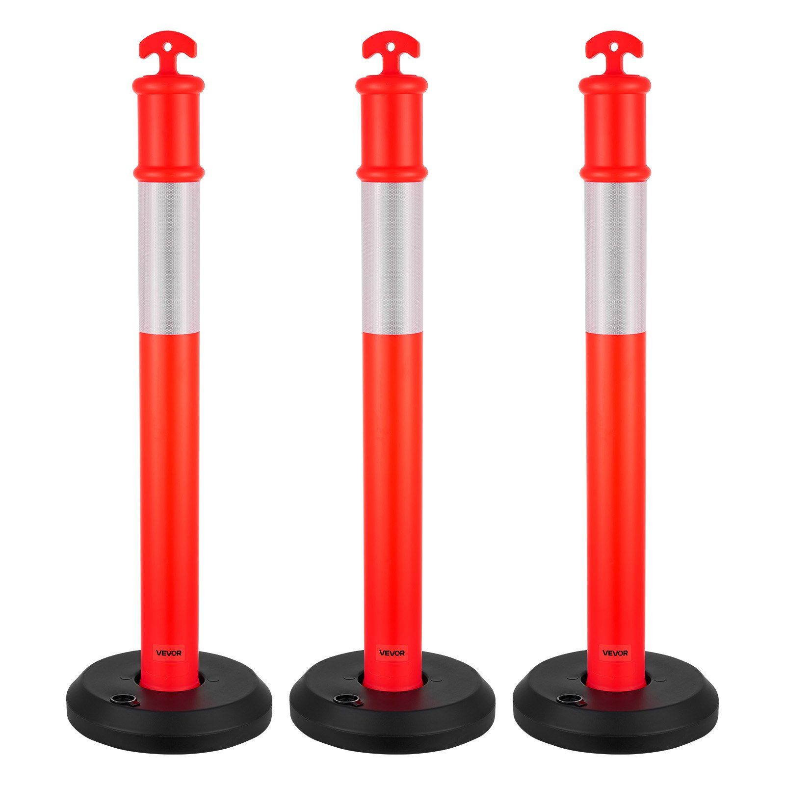 3 Pack Traffic Delineator Posts, 1140 mm Traffic Safety Cones with Fillable Base and Reflective Strips, Heavy Duty Delineator Posts for Construction Site, Parking Lot, Crowd Control, Red - Image 1