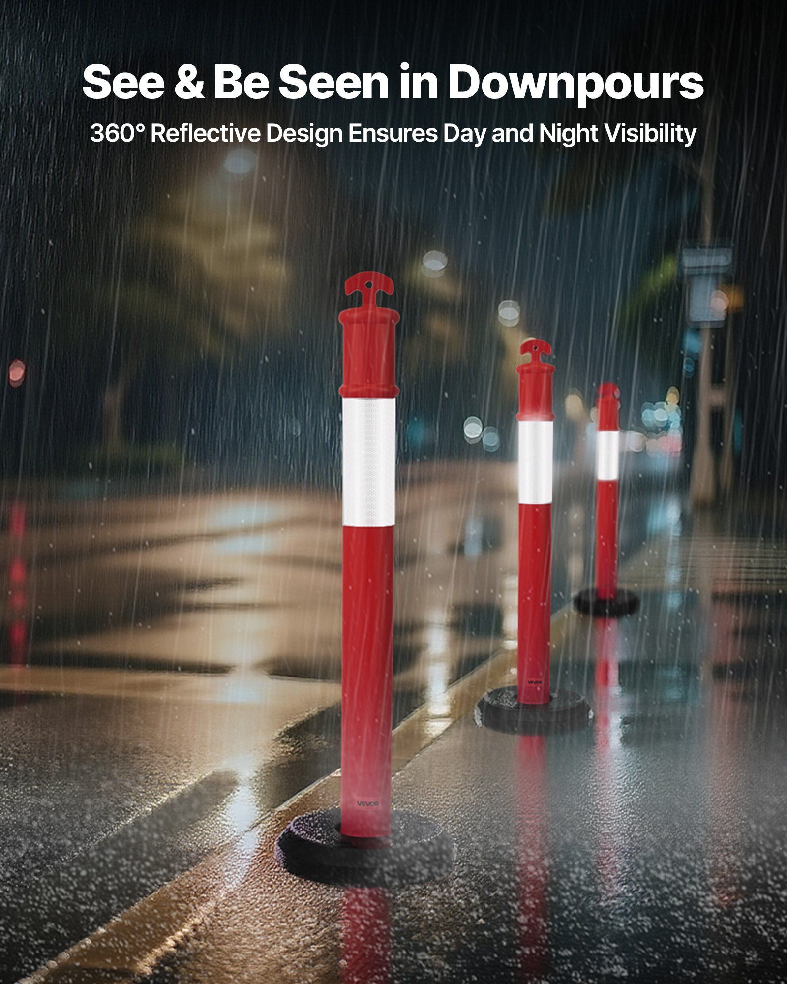 3 Pack Traffic Delineator Posts, 1140 mm Traffic Safety Cones with Fillable Base and Reflective Strips, Heavy Duty Delineator Posts for Construction Site, Parking Lot, Crowd Control, Red - Image 2