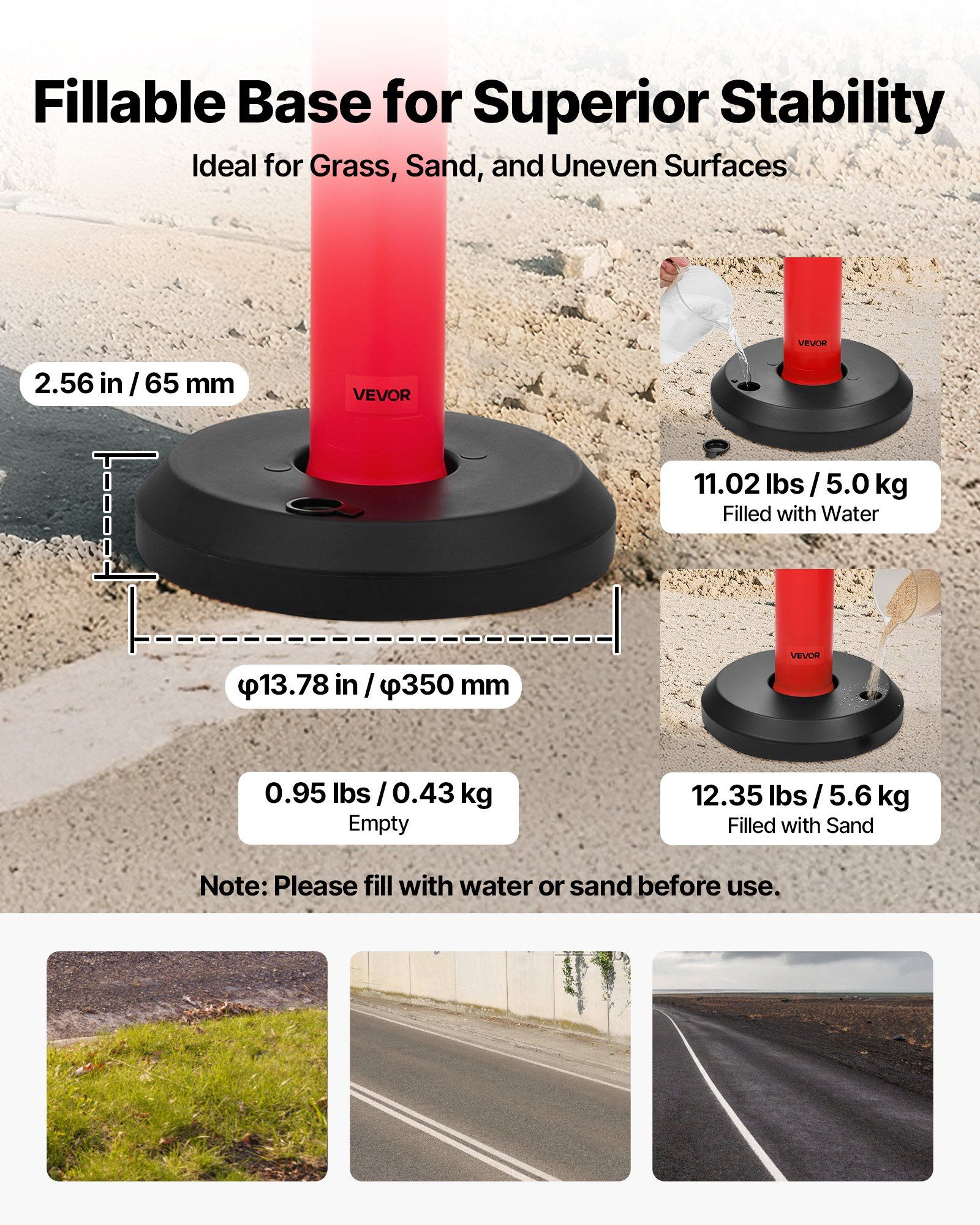 2 Pack Traffic Delineator Posts, 1140 mm Traffic Safety Cones with Fillable Base and Reflective Strips, Heavy Duty Delineator Posts for Construction Site, Parking Lot, Crowd Control, Red - Image 3