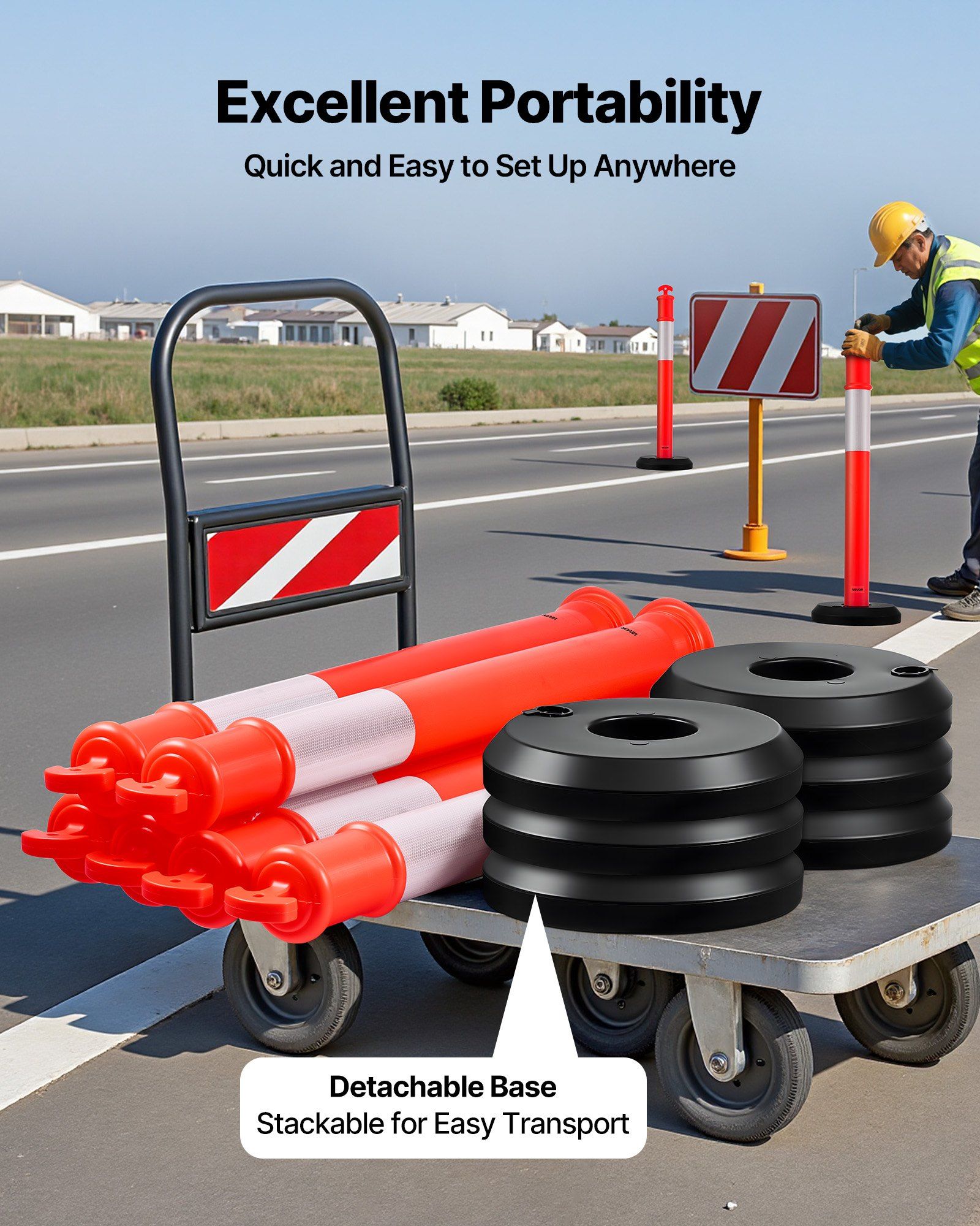 2 Pack Traffic Delineator Posts, 1140 mm Traffic Safety Cones with Fillable Base and Reflective Strips, Heavy Duty Delineator Posts for Construction Site, Parking Lot, Crowd Control, Red - Image 4