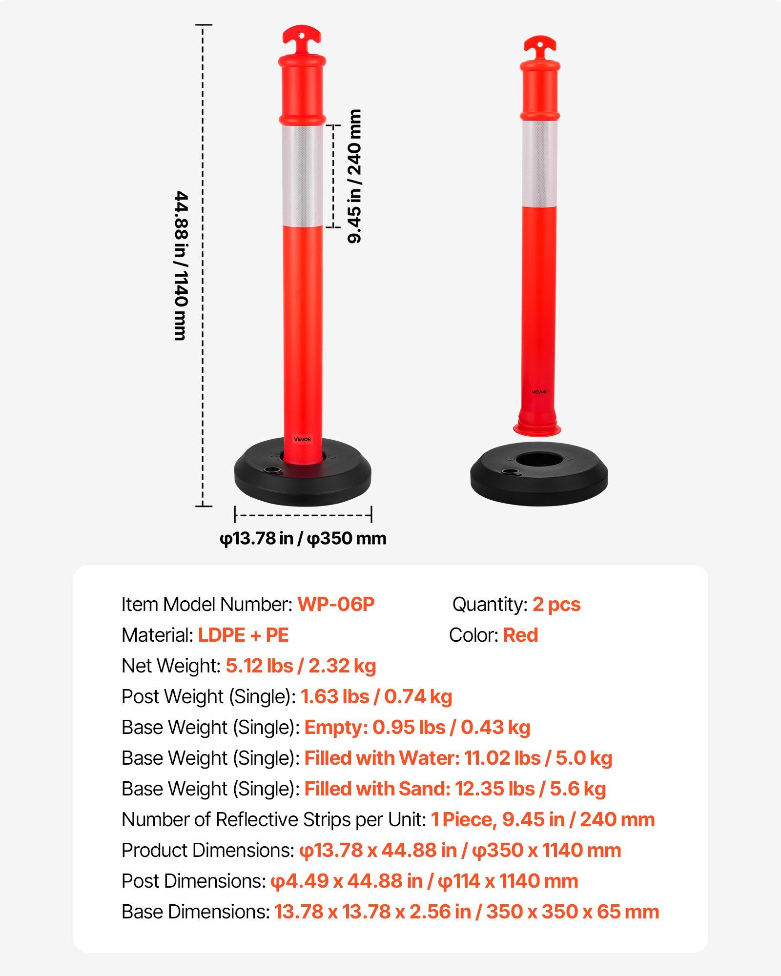 2 Pack Traffic Delineator Posts, 1140 mm Traffic Safety Cones with Fillable Base and Reflective Strips, Heavy Duty Delineator Posts for Construction Site, Parking Lot, Crowd Control, Red - Image 7