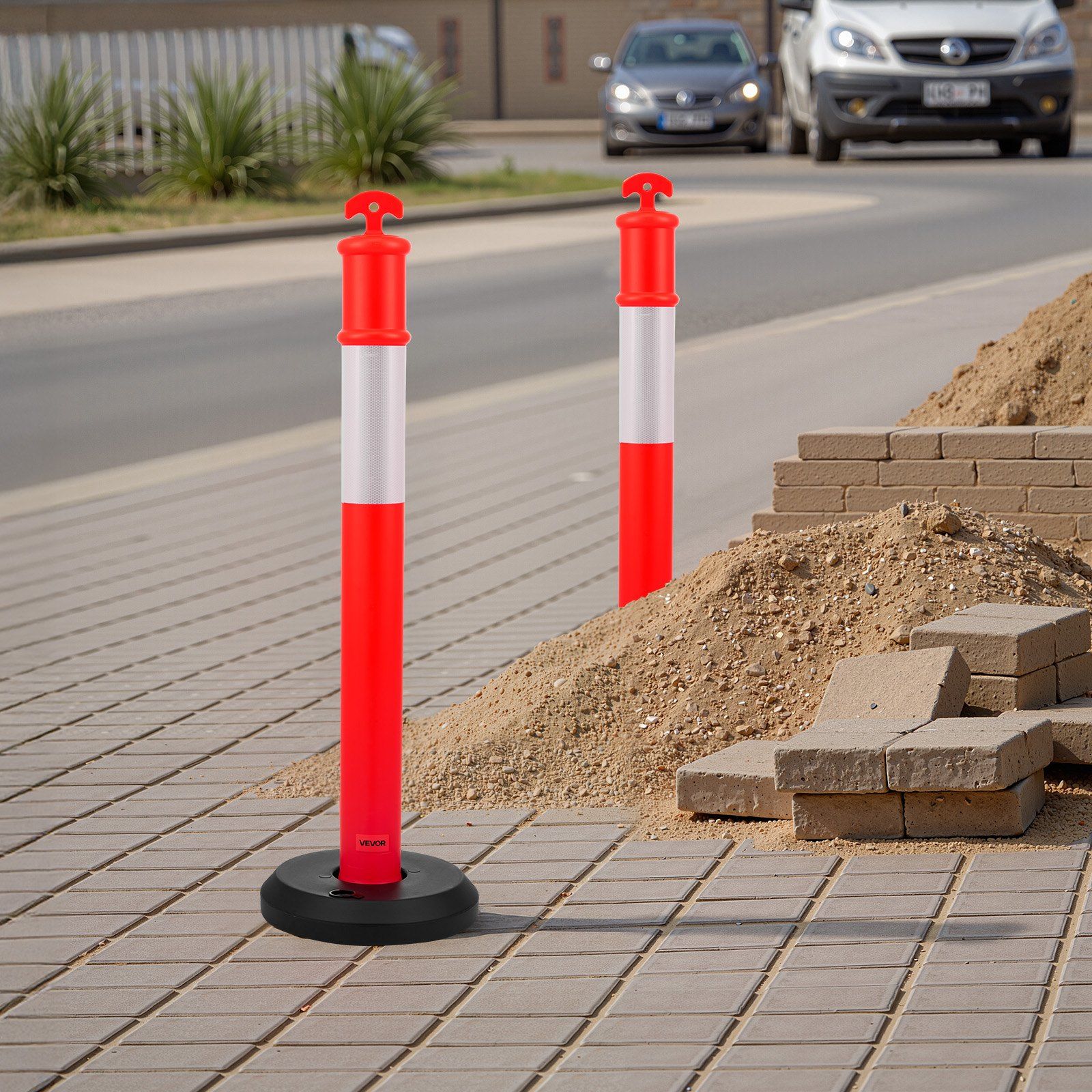 2 Pack Traffic Delineator Posts, 1140 mm Traffic Safety Cones with Fillable Base and Reflective Strips, Heavy Duty Delineator Posts for Construction Site, Parking Lot, Crowd Control, Red - Image 8