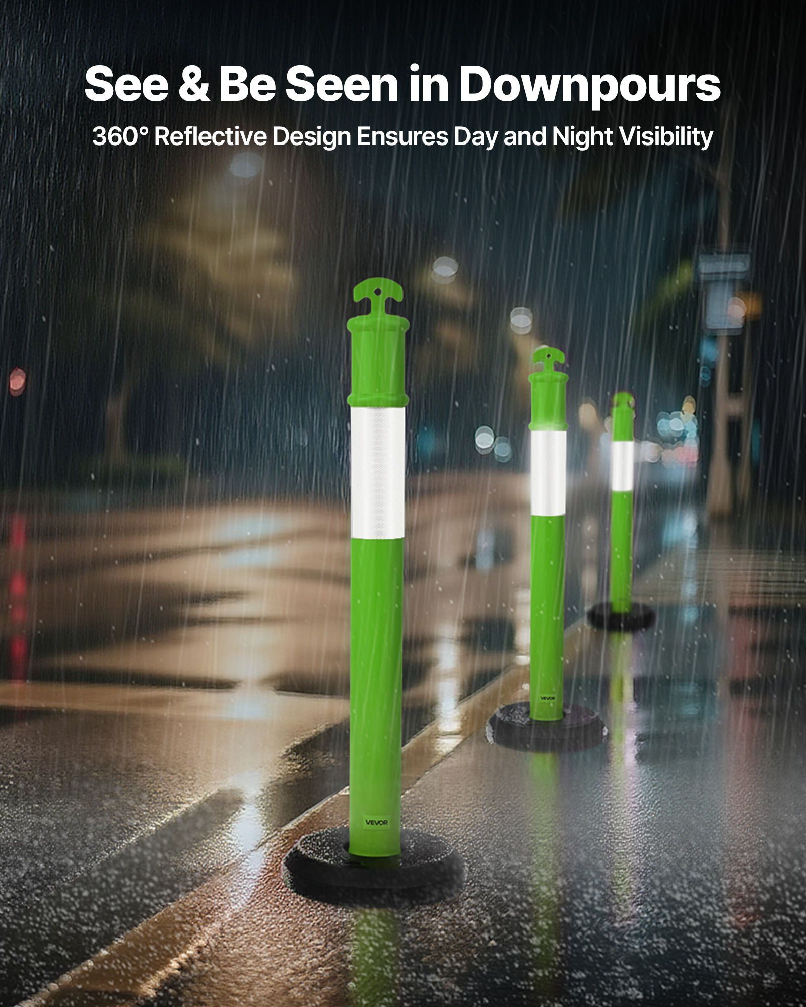 3 Pack Traffic Delineator Posts, 1140 mm Traffic Safety Cones with Fillable Base and Reflective Strips, Heavy Duty Delineator Posts for Construction Site, Parking Lot, Crowd Control, Green - Image 2