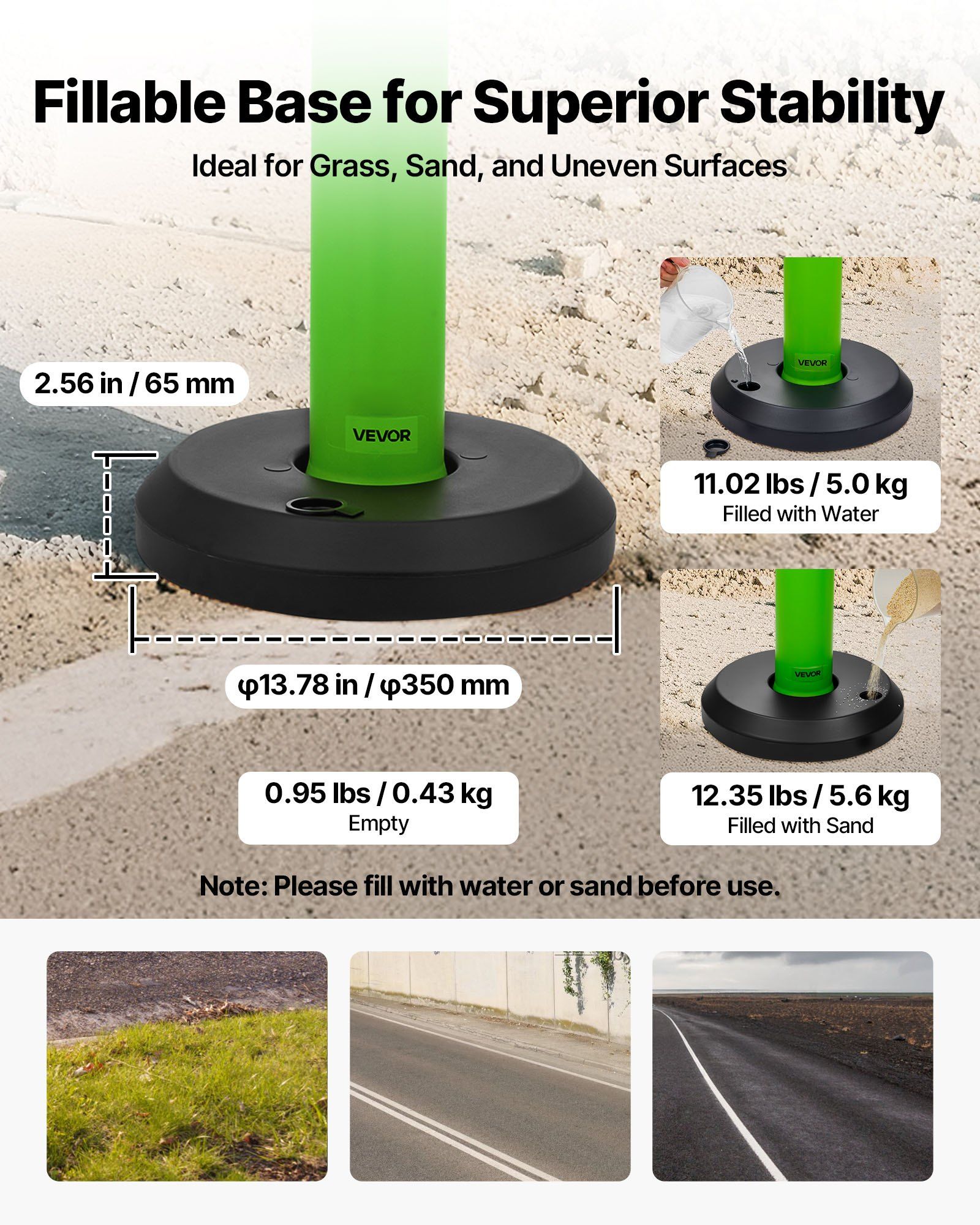 3 Pack Traffic Delineator Posts, 1140 mm Traffic Safety Cones with Fillable Base and Reflective Strips, Heavy Duty Delineator Posts for Construction Site, Parking Lot, Crowd Control, Green - Image 3