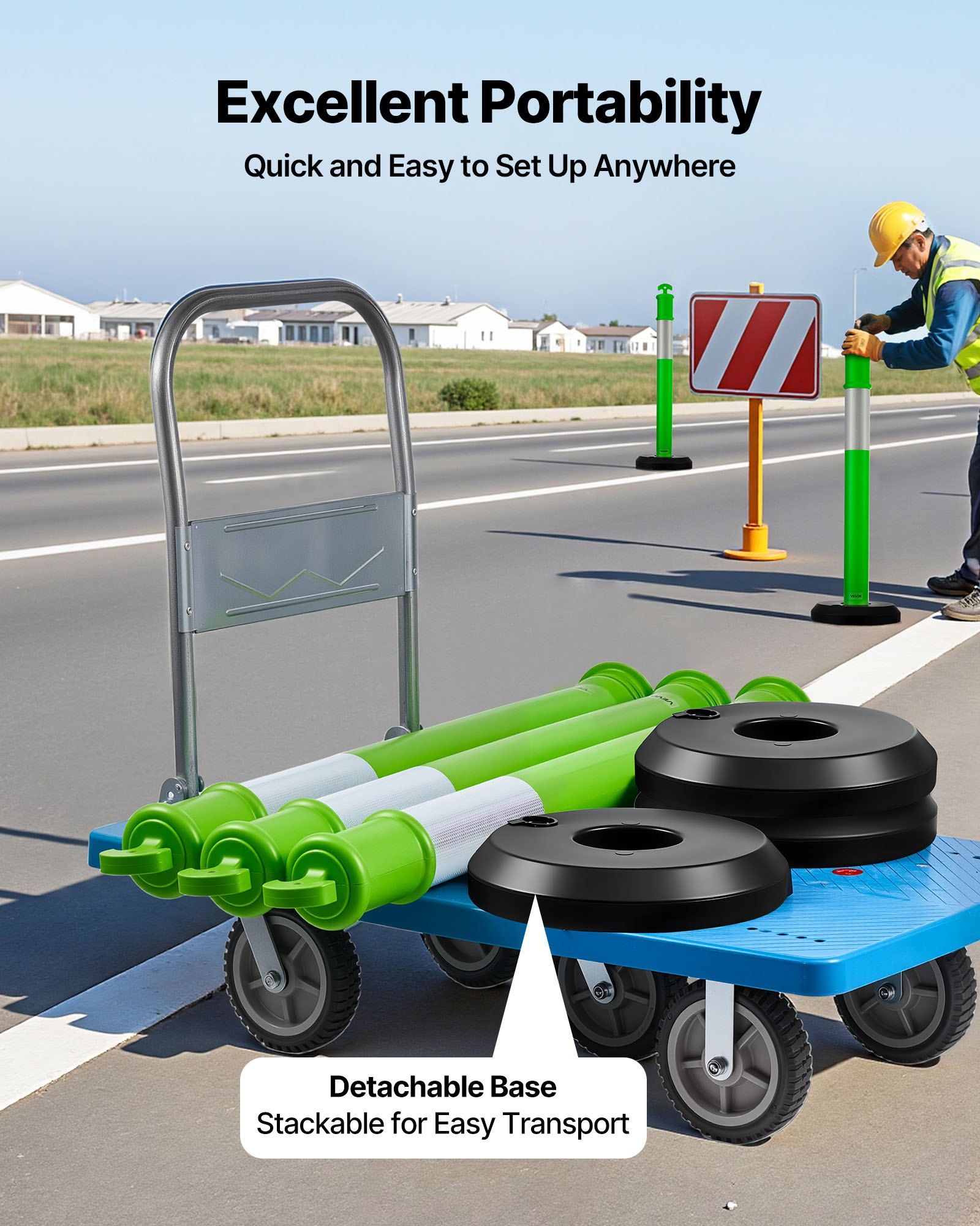 3 Pack Traffic Delineator Posts, 1140 mm Traffic Safety Cones with Fillable Base and Reflective Strips, Heavy Duty Delineator Posts for Construction Site, Parking Lot, Crowd Control, Green - Image 4
