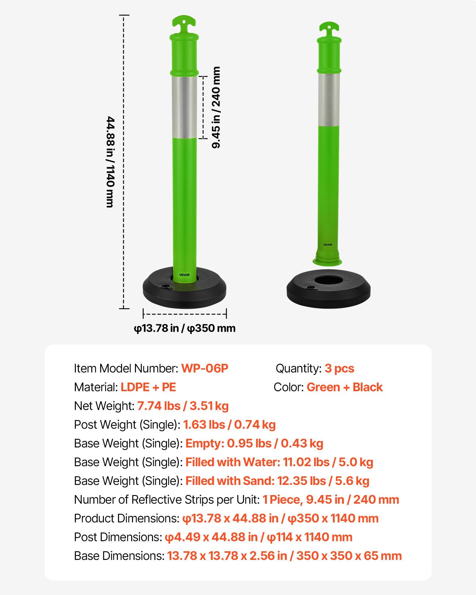 3 Pack Traffic Delineator Posts, 1140 mm Traffic Safety Cones with Fillable Base and Reflective Strips, Heavy Duty Delineator Posts for Construction Site, Parking Lot, Crowd Control, Green - Image 7