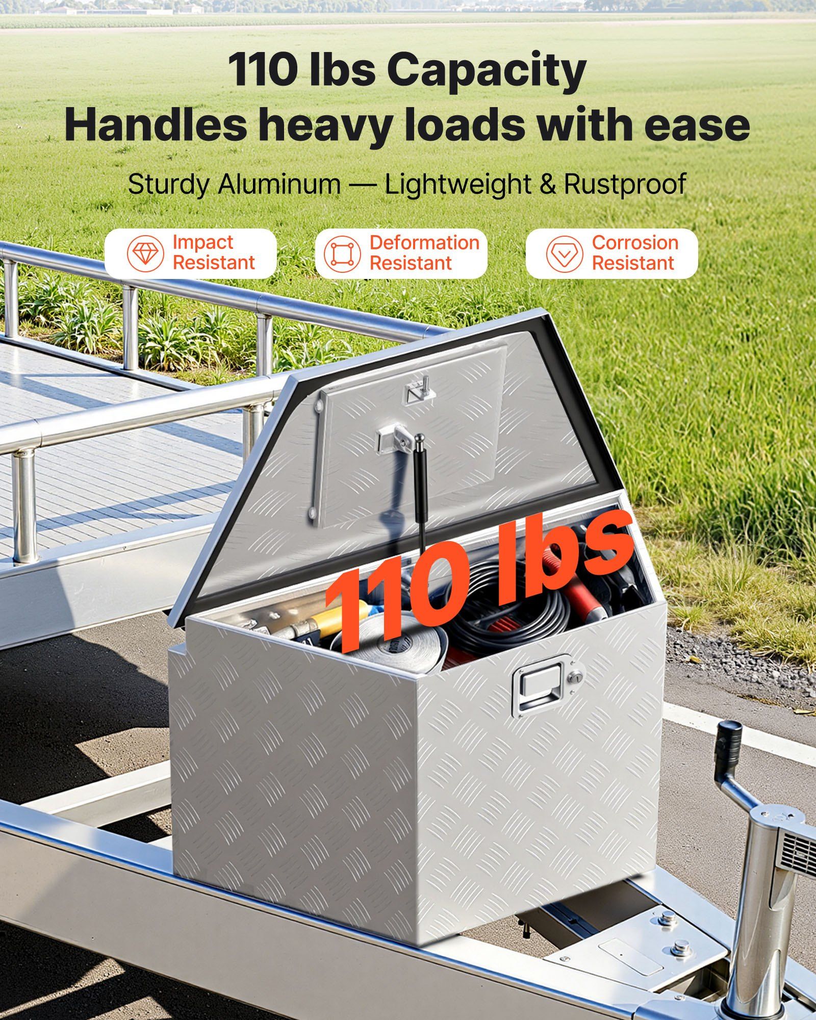 Trailer Tongue Box, 838 x 483 x 457 mm Aluminum Trailer Tongue Tool Box, Heavy Duty Storage Organizer with Lock & Keys, Utility Tool Chest for Pickup Truck Bed, RV, SUV, Off-Road Vehicle, Silver - Image 3