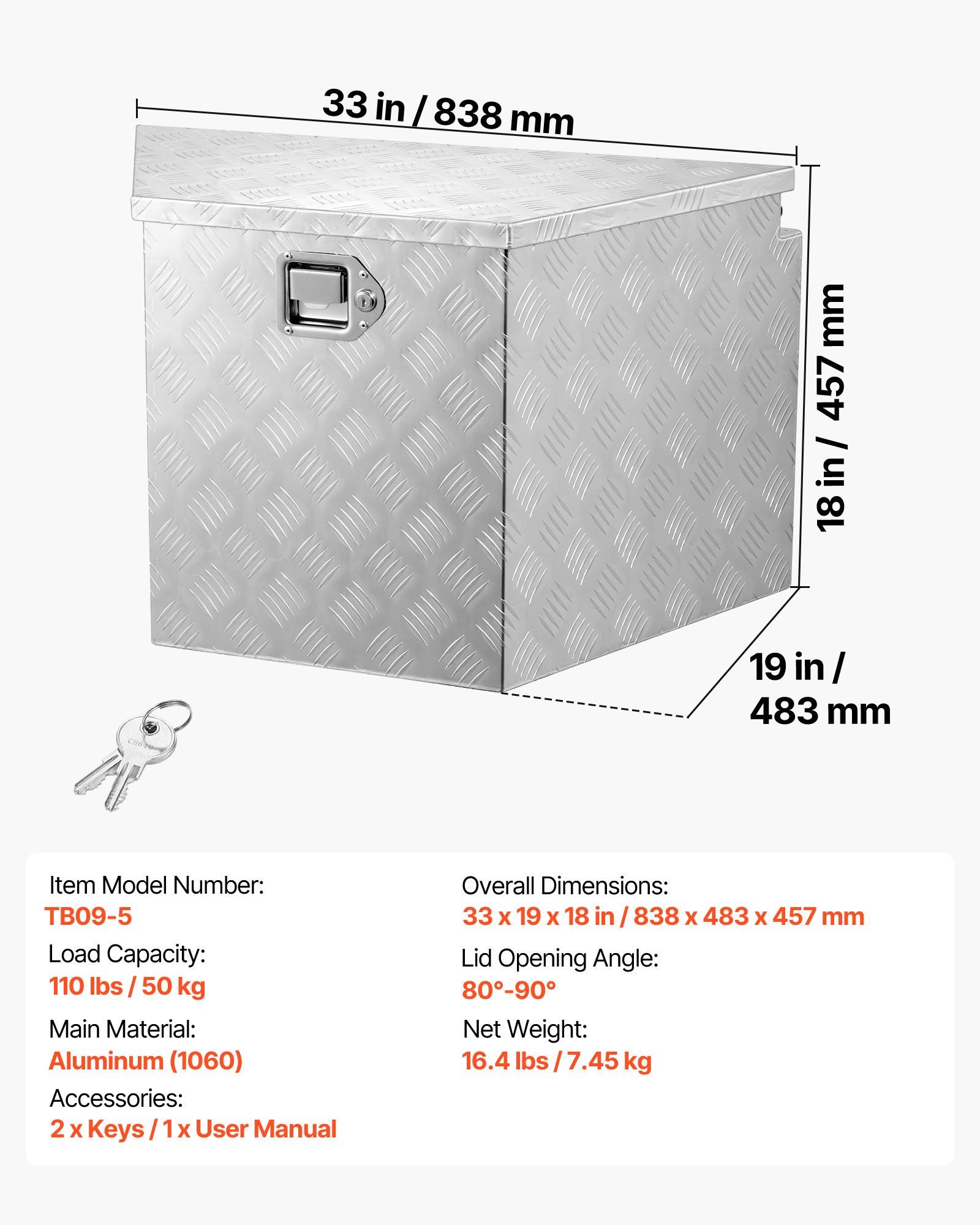 Trailer Tongue Box, 838 x 483 x 457 mm Aluminum Trailer Tongue Tool Box, Heavy Duty Storage Organizer with Lock & Keys, Utility Tool Chest for Pickup Truck Bed, RV, SUV, Off-Road Vehicle, Silver - Image 7