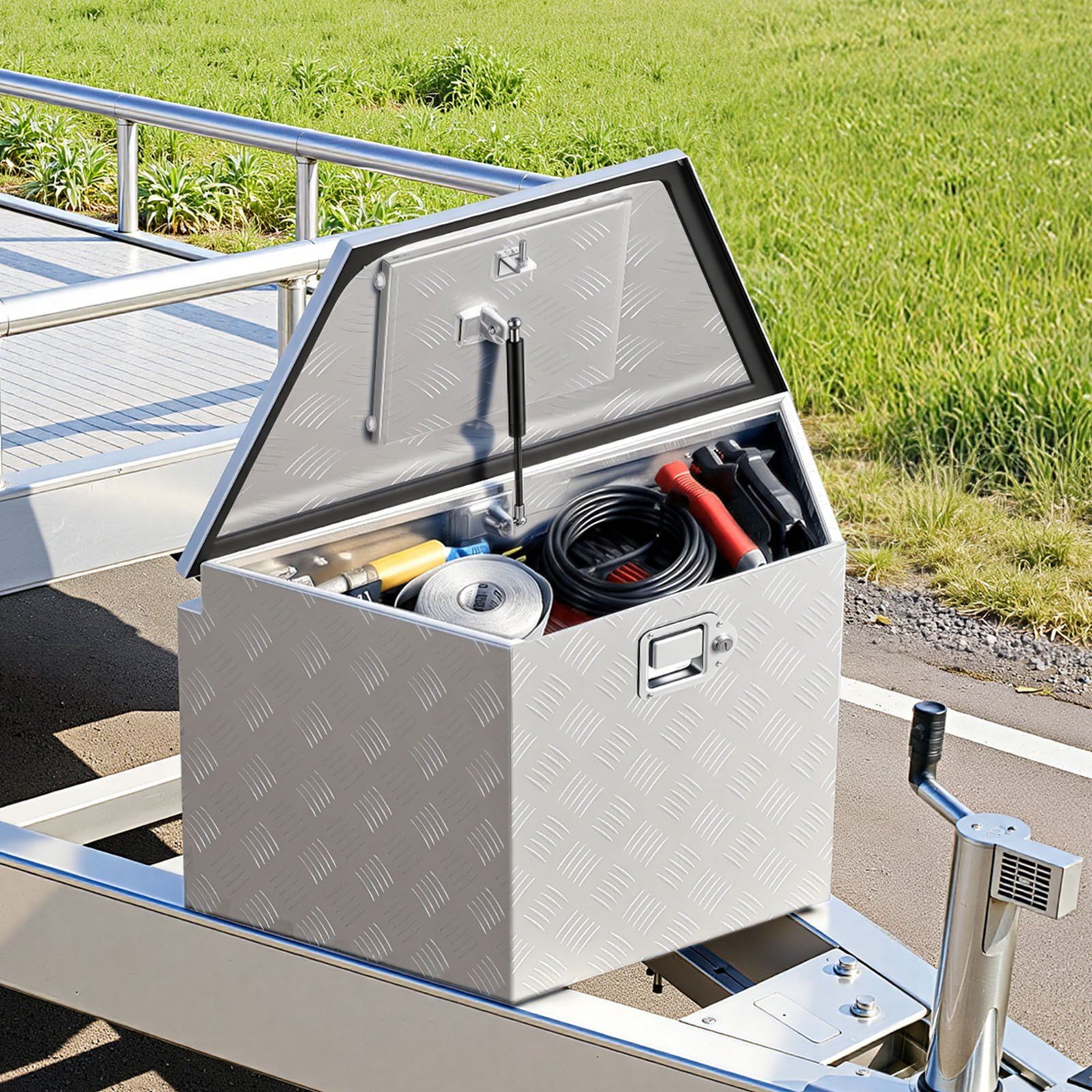 Trailer Tongue Box, 838 x 483 x 457 mm Aluminum Trailer Tongue Tool Box, Heavy Duty Storage Organizer with Lock & Keys, Utility Tool Chest for Pickup Truck Bed, RV, SUV, Off-Road Vehicle, Silver - Image 8