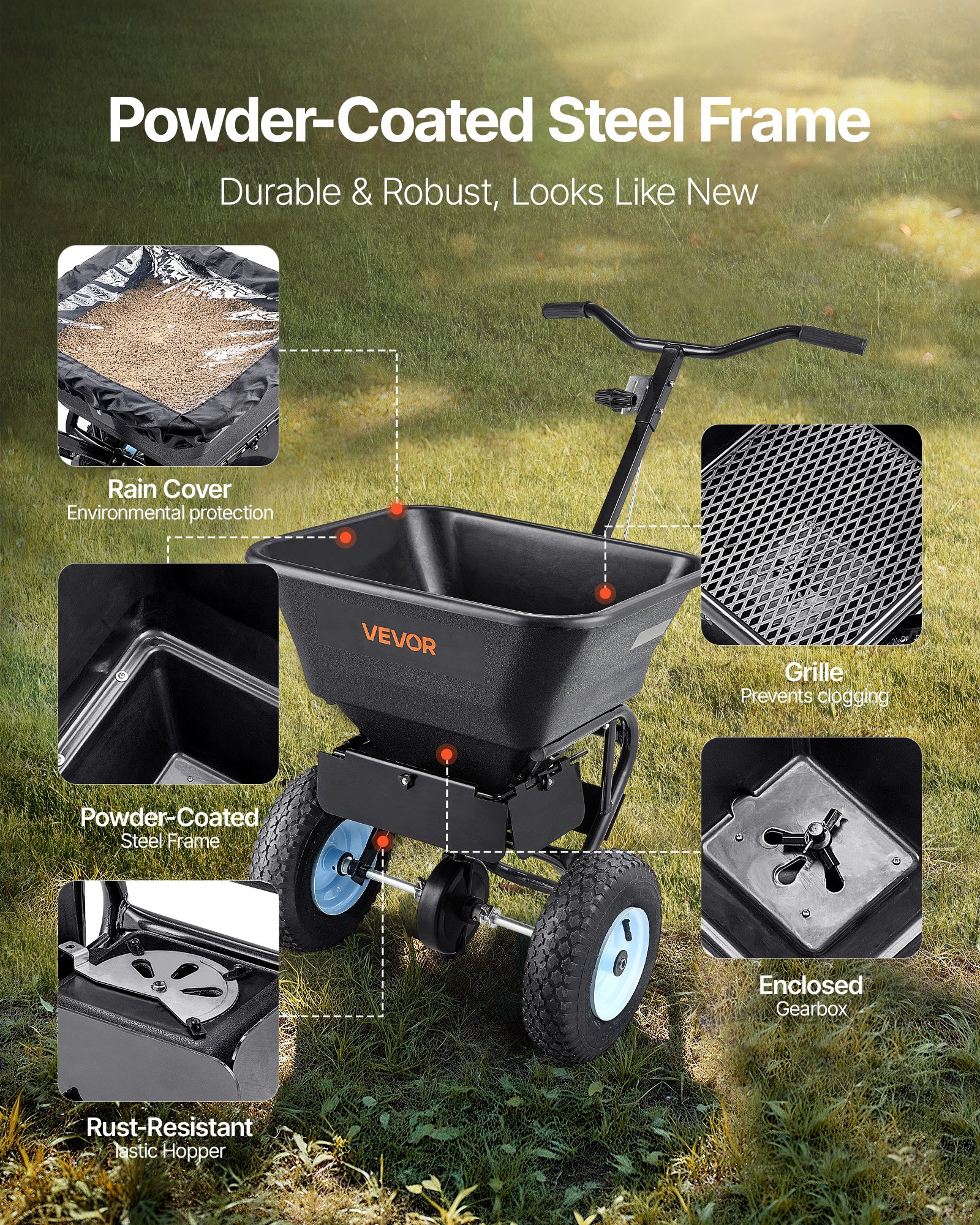 Lawn Spreader, 100LBS Capacity, Walk-Behind Push Spreader, 0-9.8ft Spreading Width, 13 in All Terrain Pneumatic Tires, Fertilizer Spreaders with Hopper Grate, for Seed Salt Ice Melt - Image 4