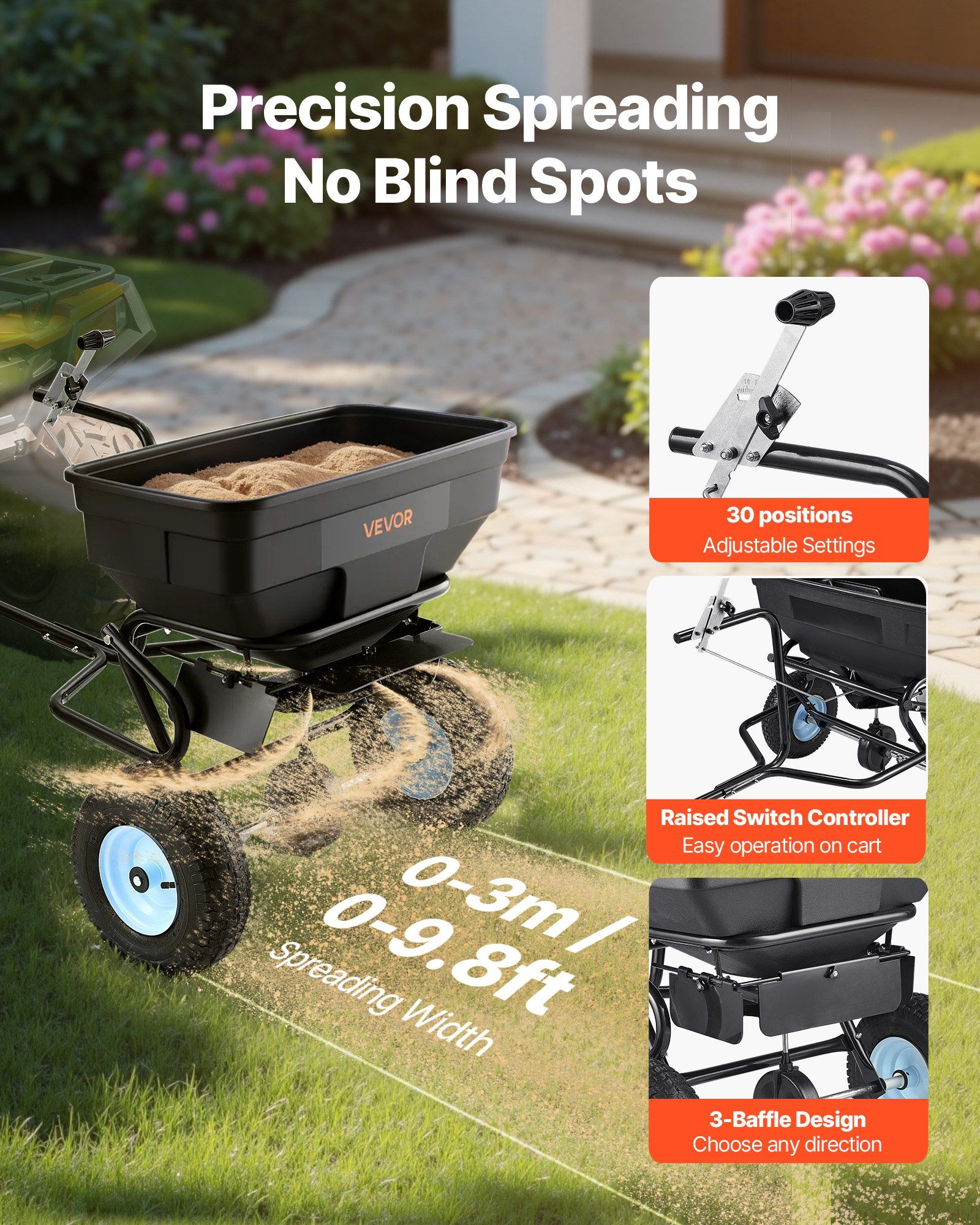 Tow Behind Broadcast Spreader, 130LBS Capacity, Tow/Push Garden Spreader with 13 in Tires, 30 Adjustable Setting & 9.8 ft Spreading Width, Lawn Spreaders for Seed, Fertilizer, Salt, Ice Melt - Image 2