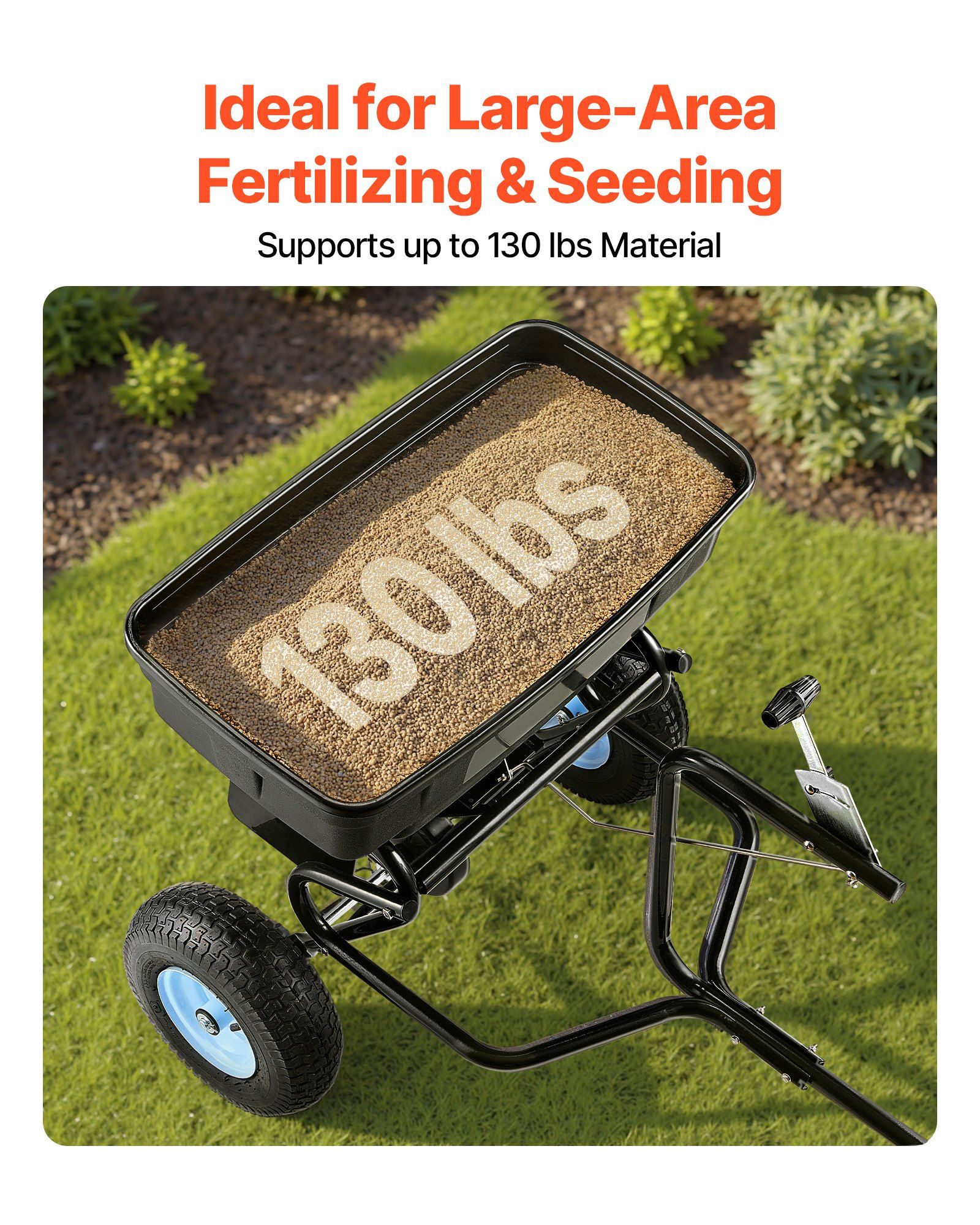 Tow Behind Broadcast Spreader, 130LBS Capacity, Tow/Push Garden Spreader with 13 in Tires, 30 Adjustable Setting & 9.8 ft Spreading Width, Lawn Spreaders for Seed, Fertilizer, Salt, Ice Melt - Image 3