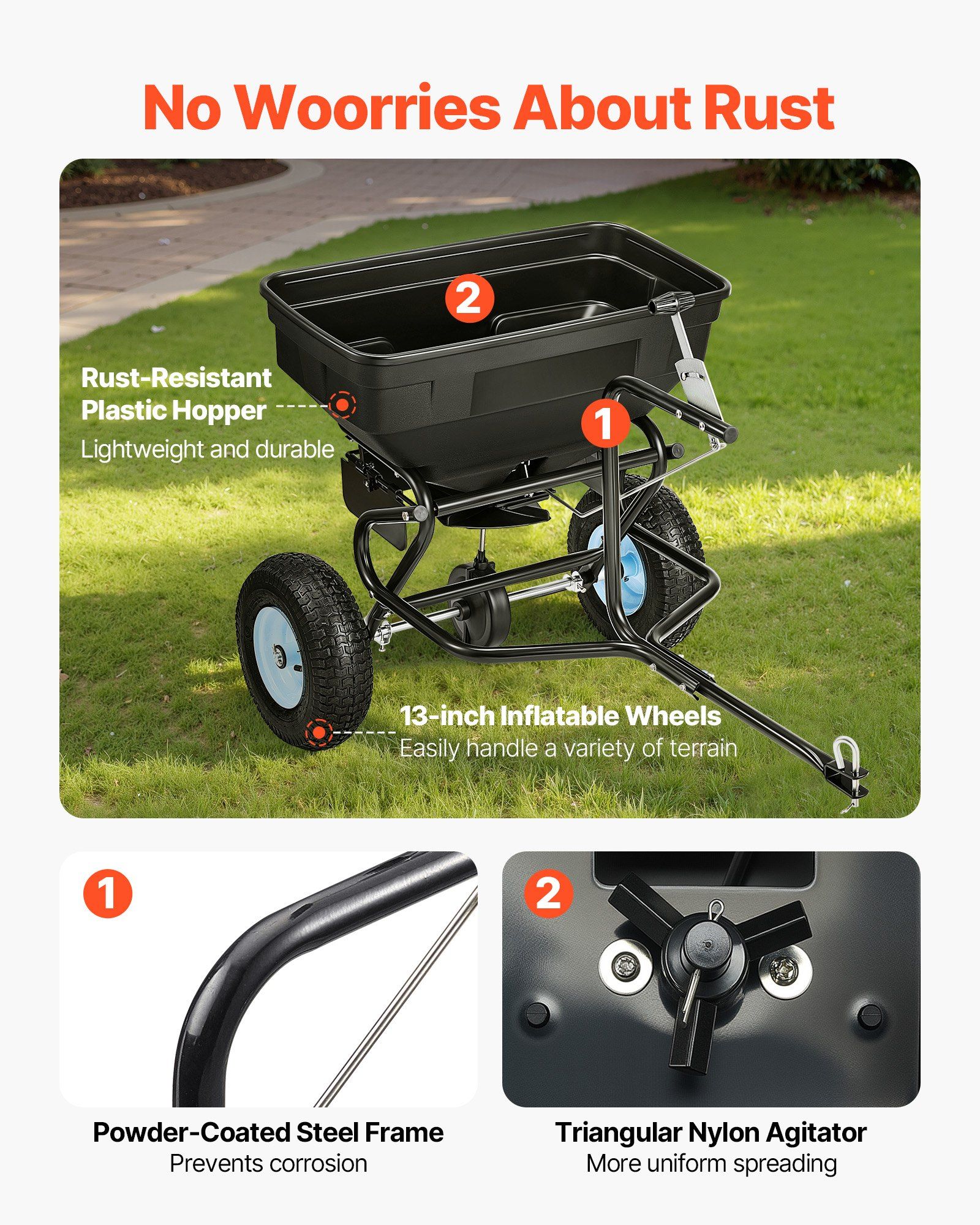 Tow Behind Broadcast Spreader, 130LBS Capacity, Tow/Push Garden Spreader with 13 in Tires, 30 Adjustable Setting & 9.8 ft Spreading Width, Lawn Spreaders for Seed, Fertilizer, Salt, Ice Melt - Image 5