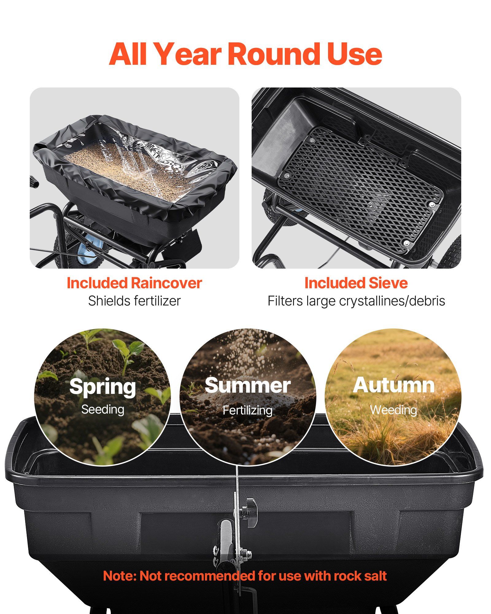 Tow Behind Broadcast Spreader, 130LBS Capacity, Tow/Push Garden Spreader with 13 in Tires, 30 Adjustable Setting & 9.8 ft Spreading Width, Lawn Spreaders for Seed, Fertilizer, Salt, Ice Melt - Image 6