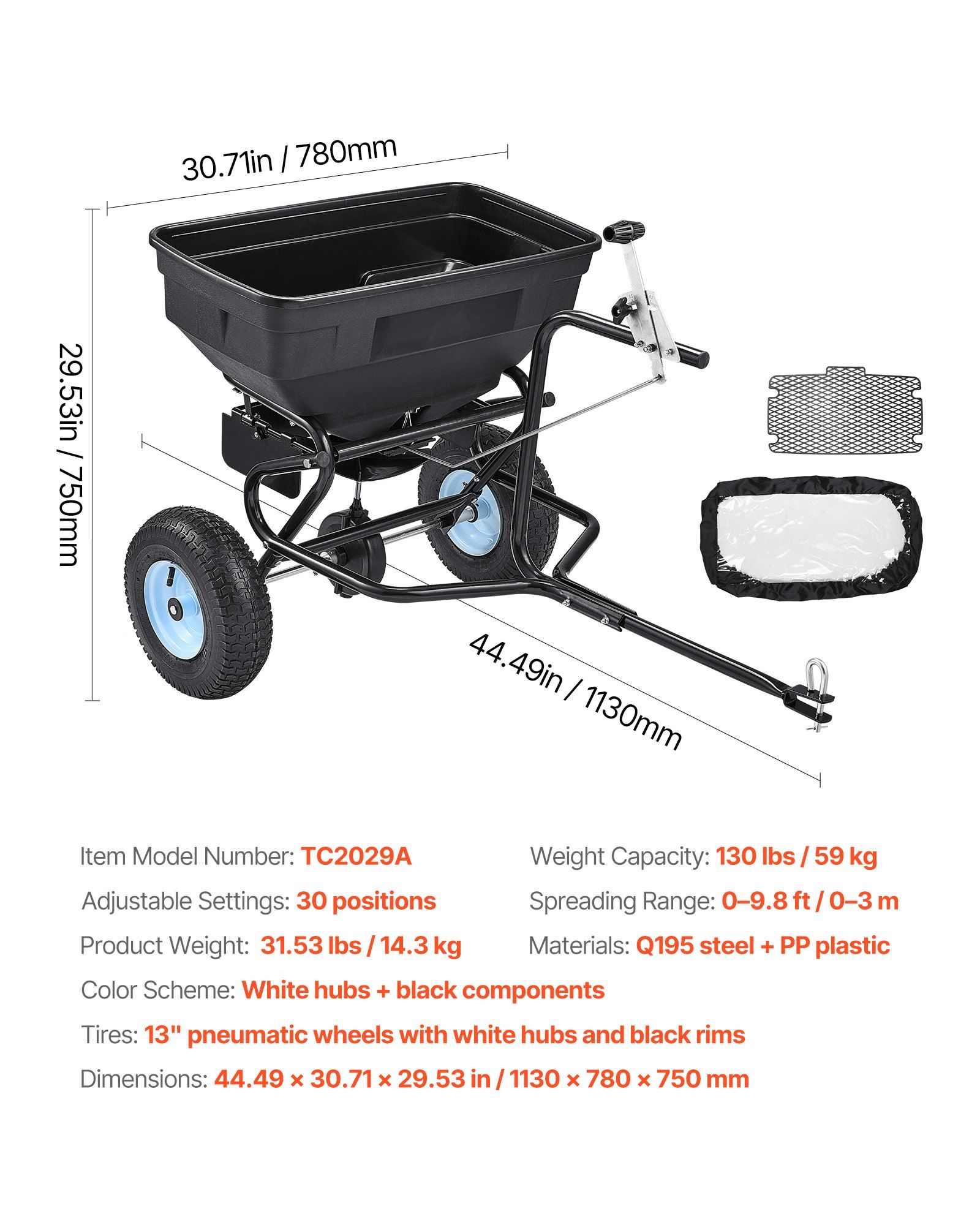 Tow Behind Broadcast Spreader, 130LBS Capacity, Tow/Push Garden Spreader with 13 in Tires, 30 Adjustable Setting & 9.8 ft Spreading Width, Lawn Spreaders for Seed, Fertilizer, Salt, Ice Melt - Image 7