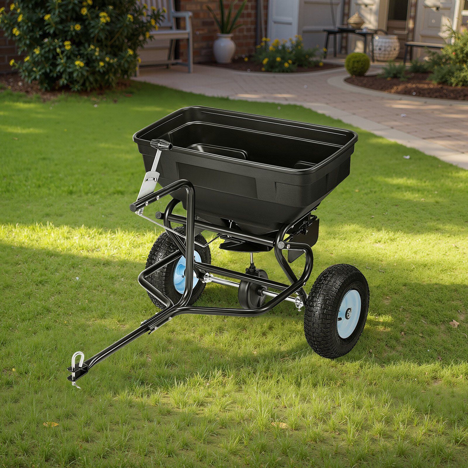 Tow Behind Broadcast Spreader, 130LBS Capacity, Tow/Push Garden Spreader with 13 in Tires, 30 Adjustable Setting & 9.8 ft Spreading Width, Lawn Spreaders for Seed, Fertilizer, Salt, Ice Melt - Image 8