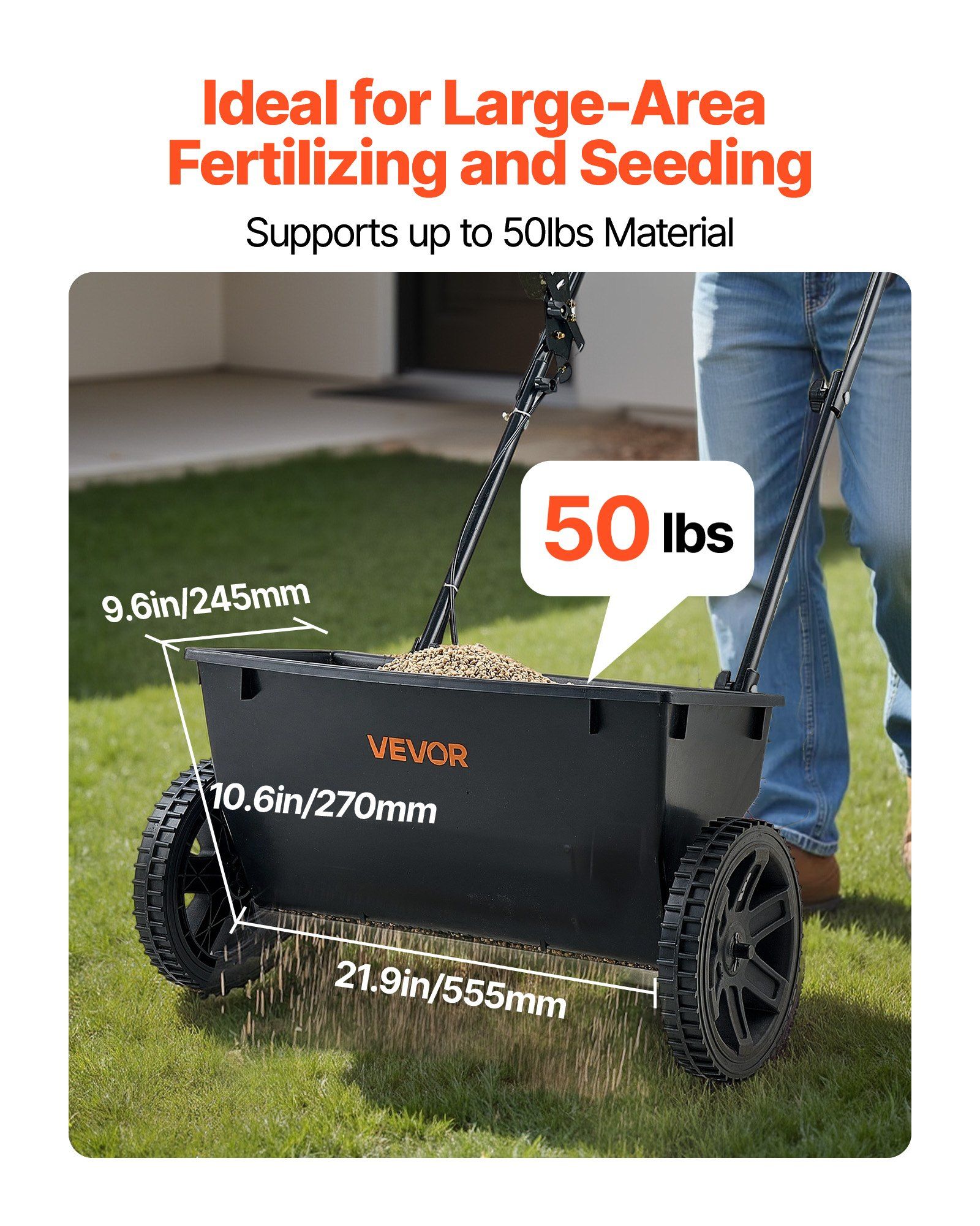 Walk-Behind Push Spreader, 22.6 kg Capacity, Drop Spreader with Hopper Grate, 18 in Spreading Width & 30 Settings, 10 in All Terrain Tires, Garden & Lawn Spreaders for Seed, Fertilizer - Image 3