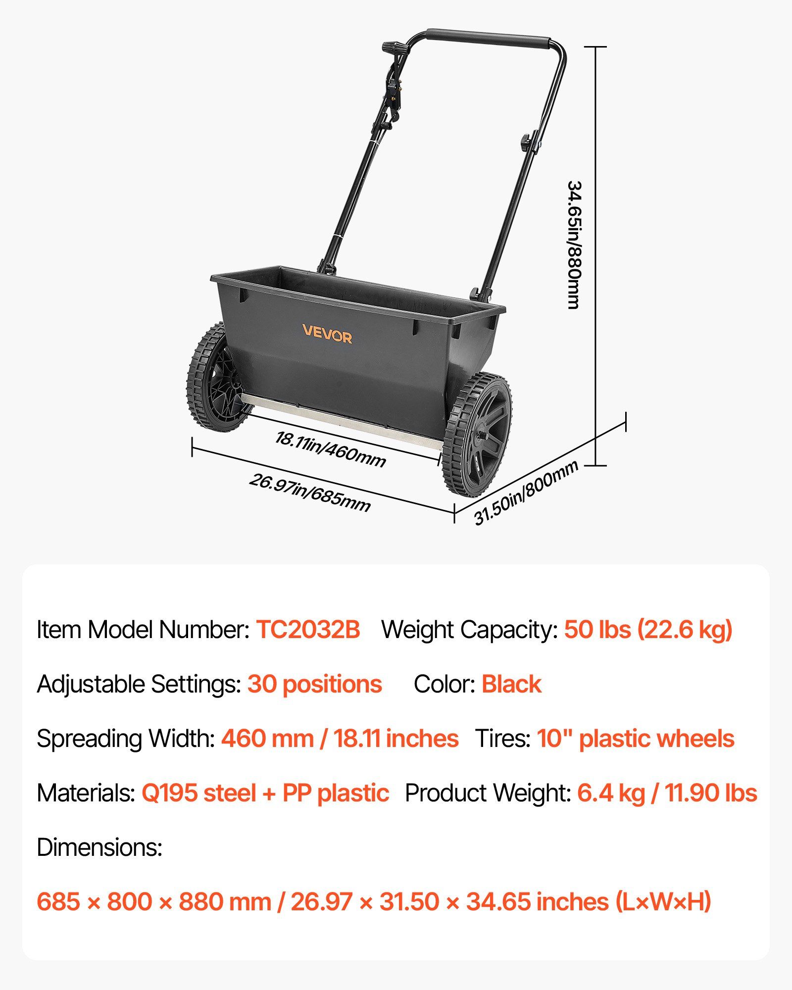 Walk-Behind Push Spreader, 22.6 kg Capacity, Drop Spreader with Hopper Grate, 18 in Spreading Width & 30 Settings, 10 in All Terrain Tires, Garden & Lawn Spreaders for Seed, Fertilizer - Image 7