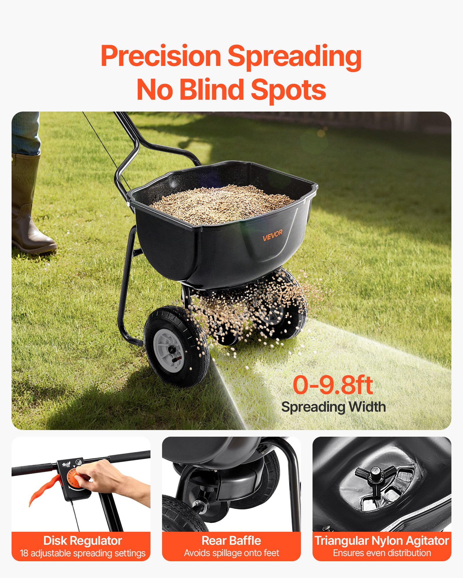 Walk Behind Spreader, 60LBS Capacity, Push Spreader with Hopper Grate, 0-9.8 ft Spreading Width, 8 in All Terrain Pneumatic Tires, Garden & Lawn Broadcast Spreaders, for Seed, Fertilizer - Image 2