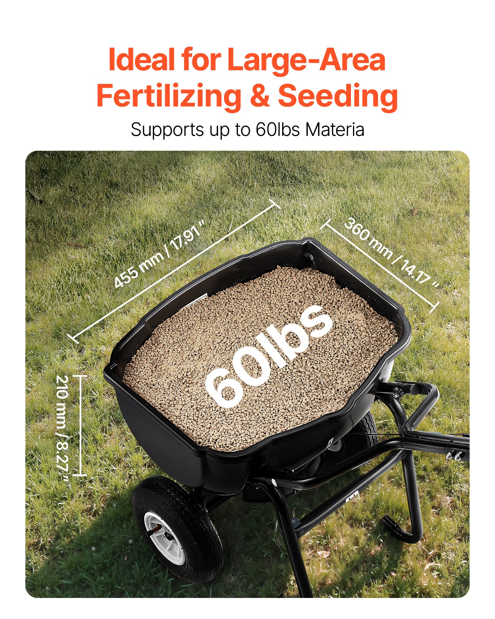 Walk Behind Spreader, 60LBS Capacity, Push Spreader with Hopper Grate, 0-9.8 ft Spreading Width, 8 in All Terrain Pneumatic Tires, Garden & Lawn Broadcast Spreaders, for Seed, Fertilizer - Image 3