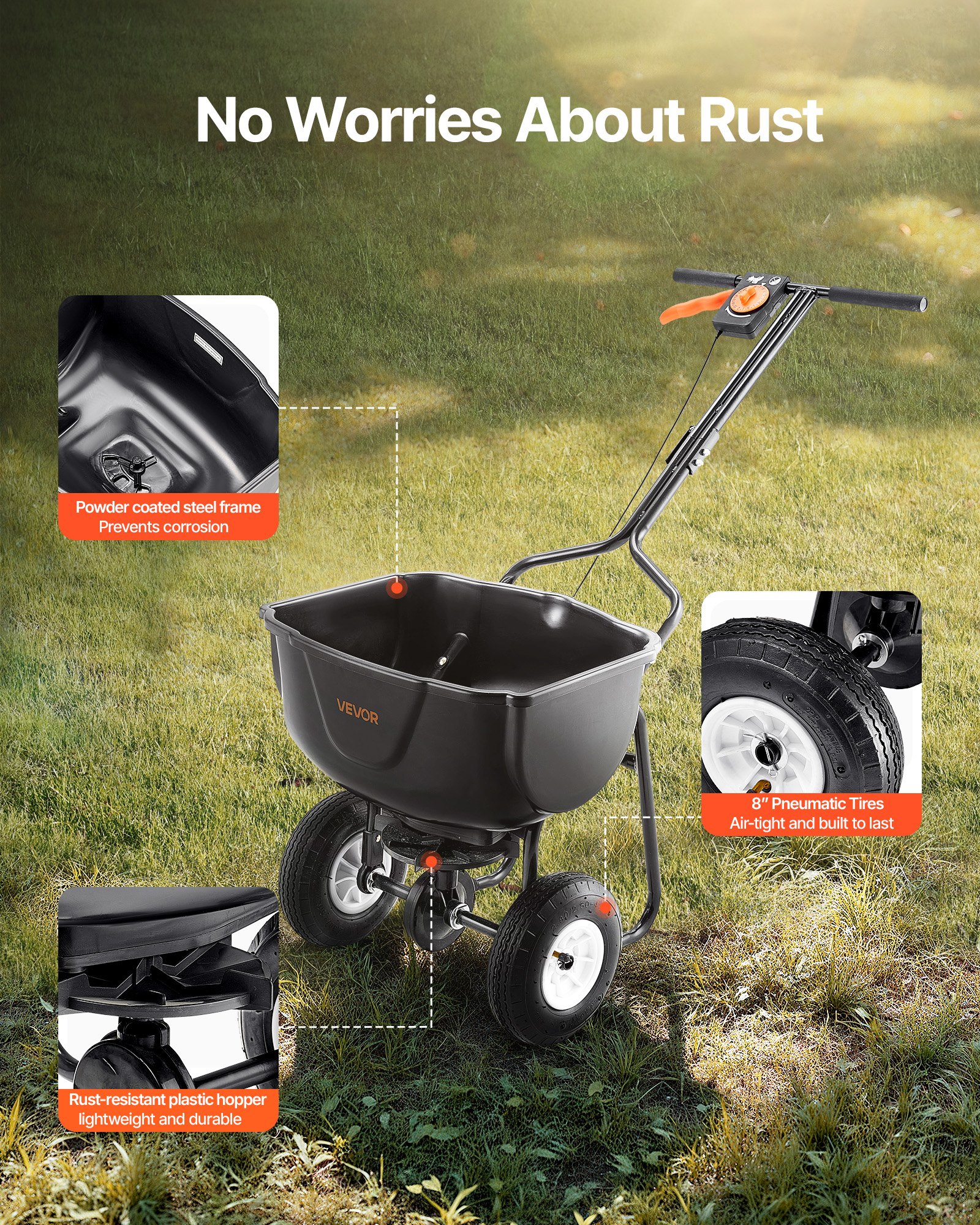 Walk Behind Spreader, 60LBS Capacity, Push Spreader with Hopper Grate, 0-9.8 ft Spreading Width, 8 in All Terrain Pneumatic Tires, Garden & Lawn Broadcast Spreaders, for Seed, Fertilizer - Image 5