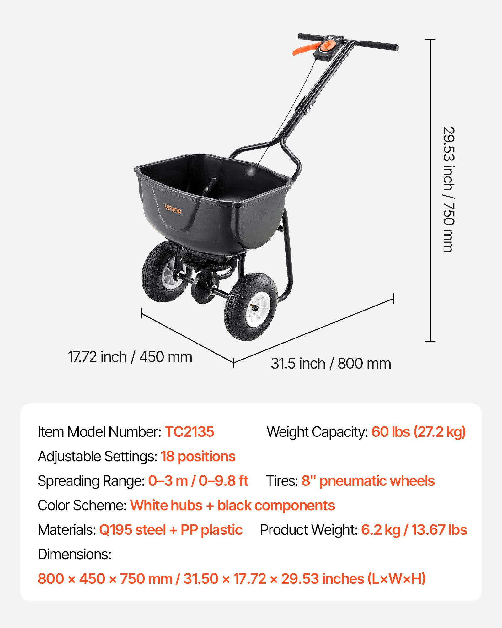 Walk Behind Spreader, 60LBS Capacity, Push Spreader with Hopper Grate, 0-9.8 ft Spreading Width, 8 in All Terrain Pneumatic Tires, Garden & Lawn Broadcast Spreaders, for Seed, Fertilizer - Image 7