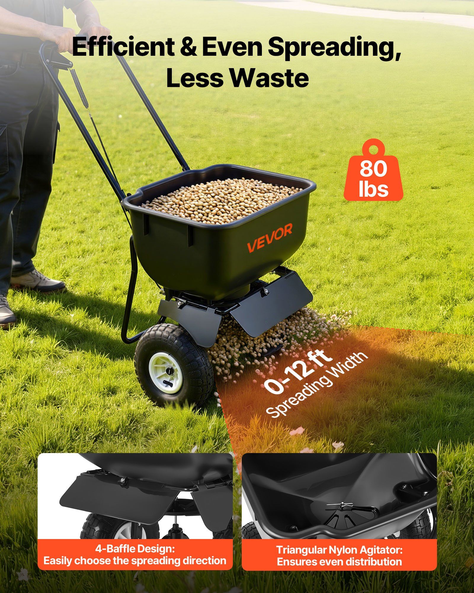 Push Lawn Spreader, 3.6m Spreading Width, Broadcast Spreader with 36.3kg Load Capacity & 10 in All-Terrain Tires, Walk-Behind Garden & Lawn Broadcast Spreaders for Seed Fertilizer, Salt Ice Melt - Image 2