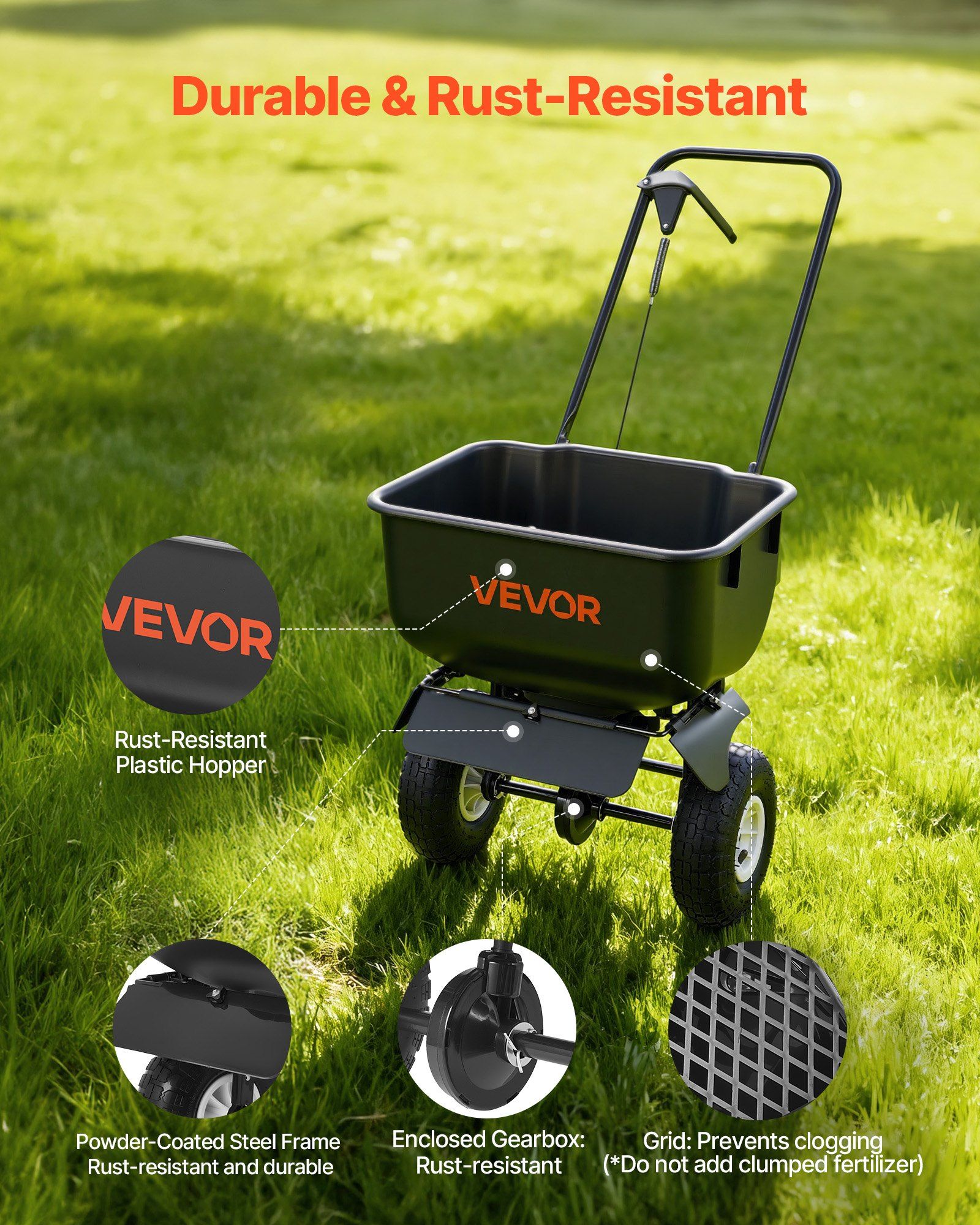 Push Lawn Spreader, 3.6m Spreading Width, Broadcast Spreader with 36.3kg Load Capacity & 10 in All-Terrain Tires, Walk-Behind Garden & Lawn Broadcast Spreaders for Seed Fertilizer, Salt Ice Melt - Image 5
