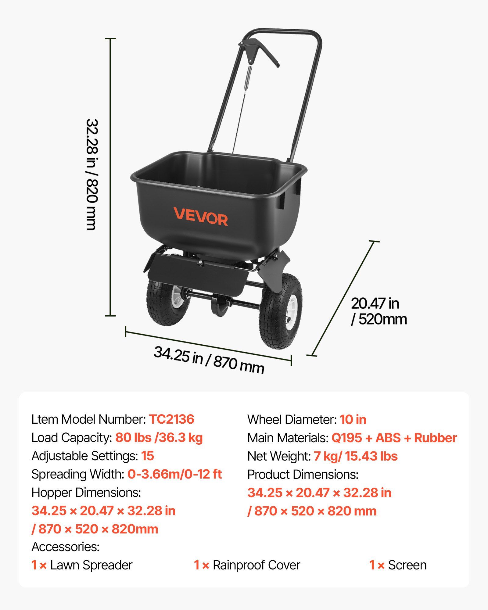 Push Lawn Spreader, 3.6m Spreading Width, Broadcast Spreader with 36.3kg Load Capacity & 10 in All-Terrain Tires, Walk-Behind Garden & Lawn Broadcast Spreaders for Seed Fertilizer, Salt Ice Melt - Image 7
