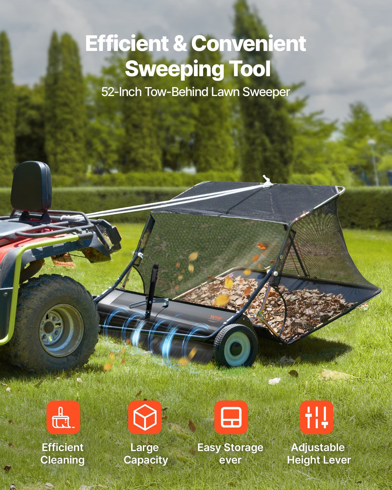 26.7 cm Tow Behind Lawn Sweeper, 26 cu.ft. Large Yard Sweeper, Adjustable Sweeping Height, Heavy Duty Leaf & Grass Collector with Dumping Rope, Pull Behind Sweepers for Debris Grass Clippings - Image 2