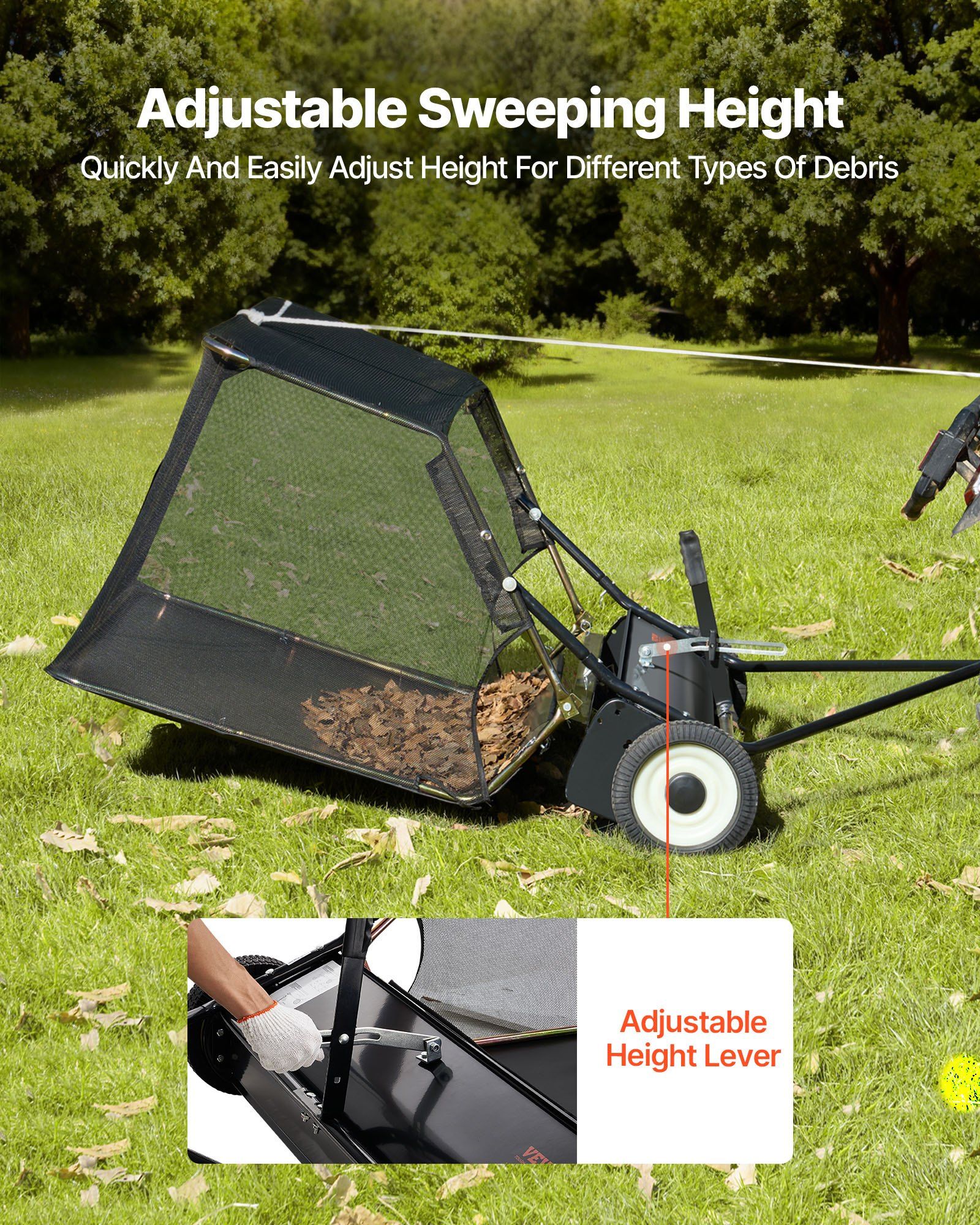 26.7 cm Tow Behind Lawn Sweeper, 26 cu.ft. Large Yard Sweeper, Adjustable Sweeping Height, Heavy Duty Leaf & Grass Collector with Dumping Rope, Pull Behind Sweepers for Debris Grass Clippings - Image 3